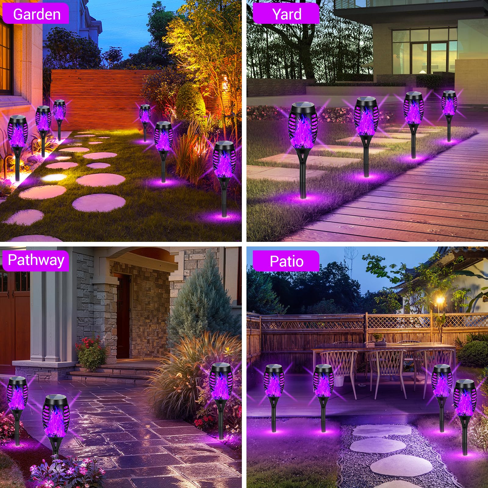 AOUNQ Solar Torch Lights, 16 Pack Purple Flickering Flame Tiki Torches, Waterproof Outdoor Halloween Decorations