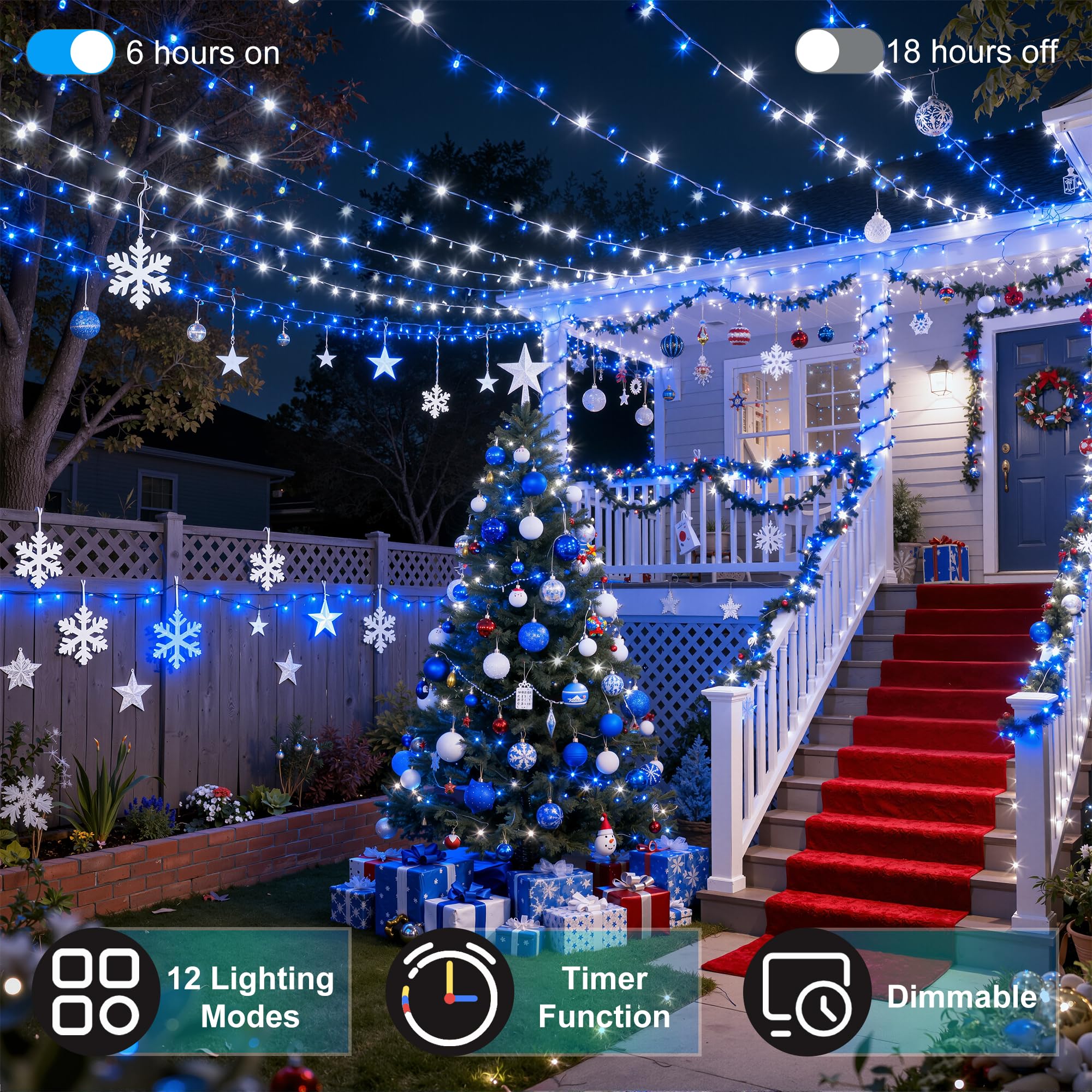 1500Led Christmas Lights Outdoor Use  470Ft 12 Modes Blue And Cool White Led String Lights With Timer Dimmable  Waterproof Christmas Tree Lights For Xmas Patio Yard Fence Balcony Garden Decor