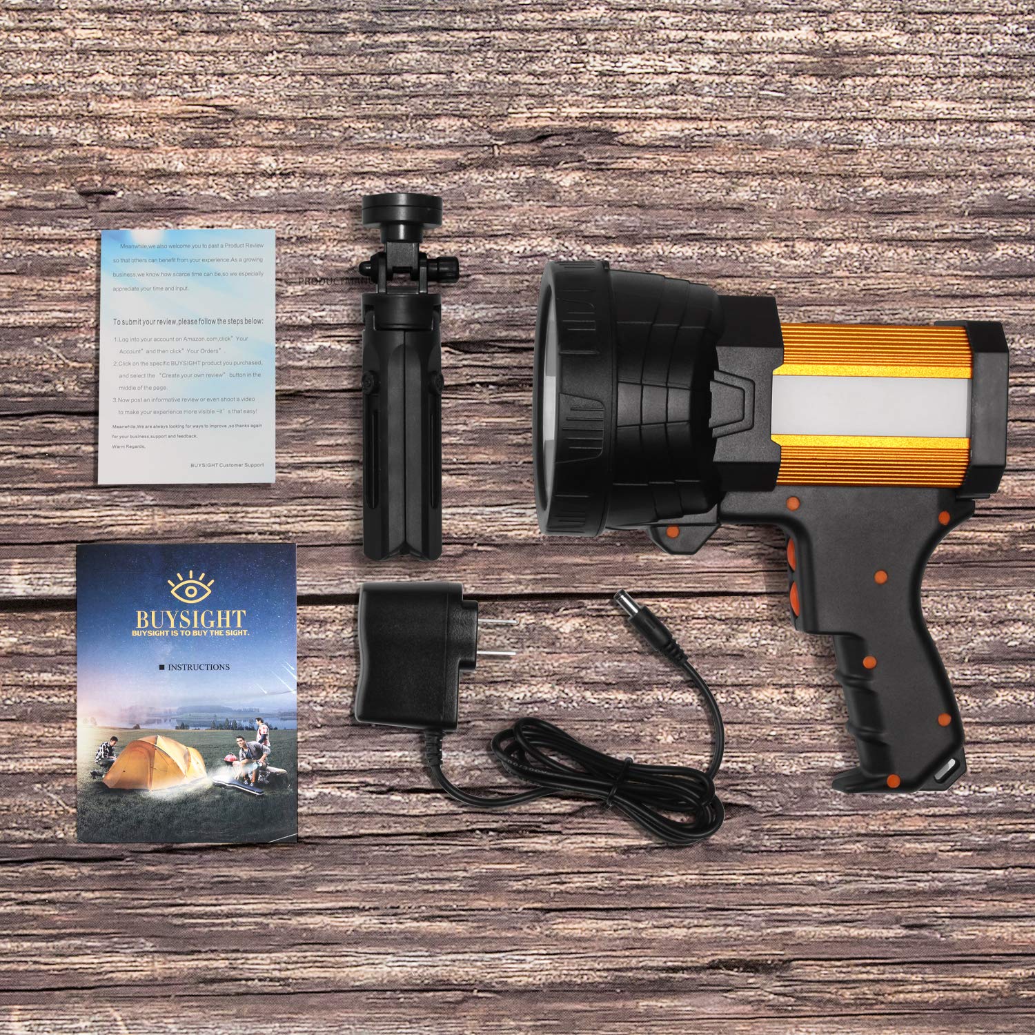 BUYSIGHT Rechargeable Handheld Spotlight, 100000 Lumens, Lightweight Aluminum Alloy, Model B743-G, Golden Color