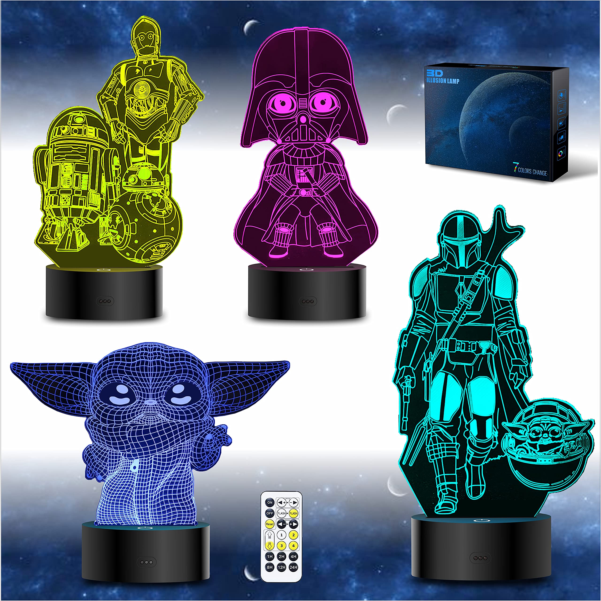MOSSOM 3D Illusion Night Light - LED Lamp with 4 Patterns, Medium Size, Black, Model MOSSOM-4 Pattern, Perfect Gift for Star Wars Fans