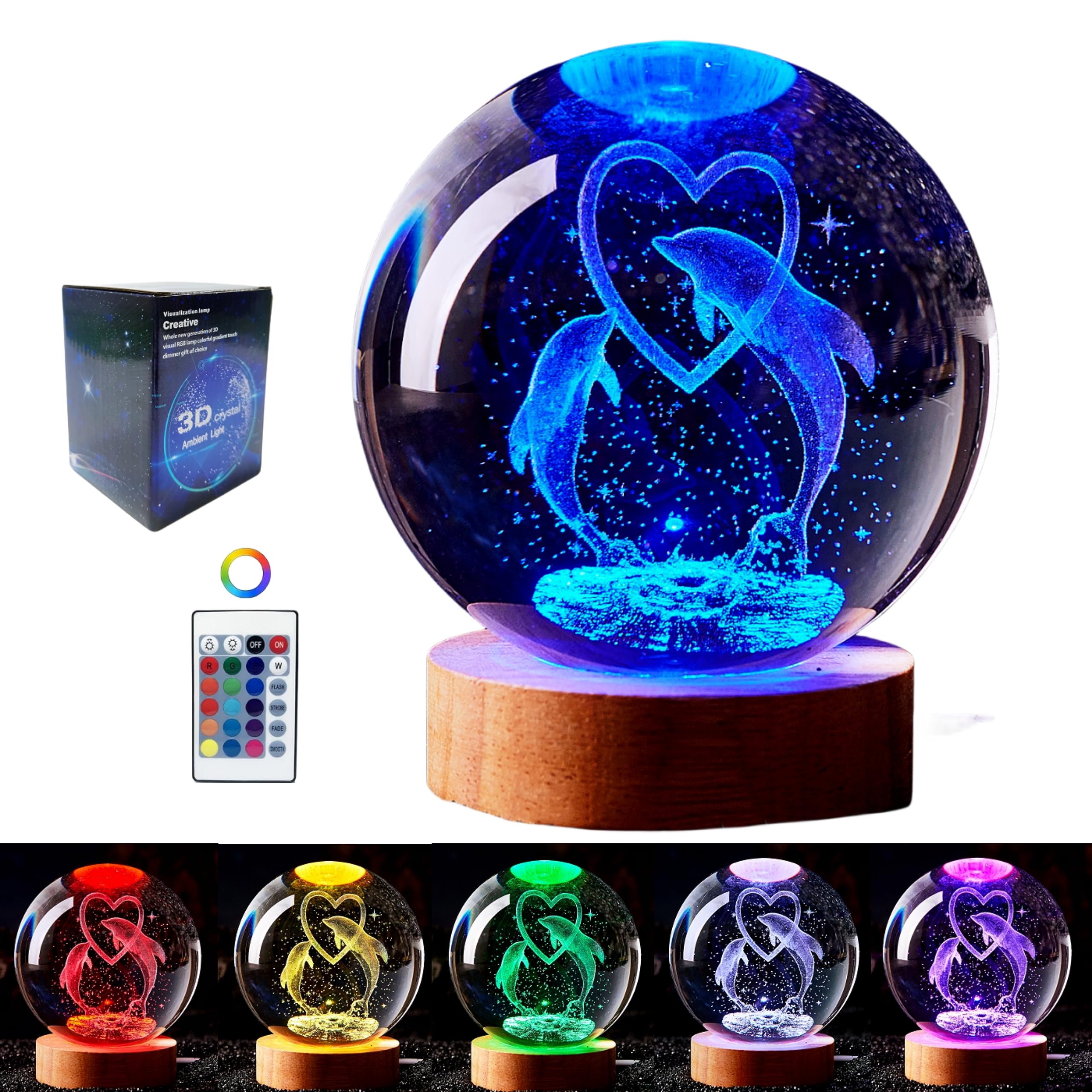 DIGFPWT Dolphin Crystal Ball Lamp, 3.15 inch K9 Crystal Ball Night Light with Wooden Base, 16 Colors Change with Remote Control