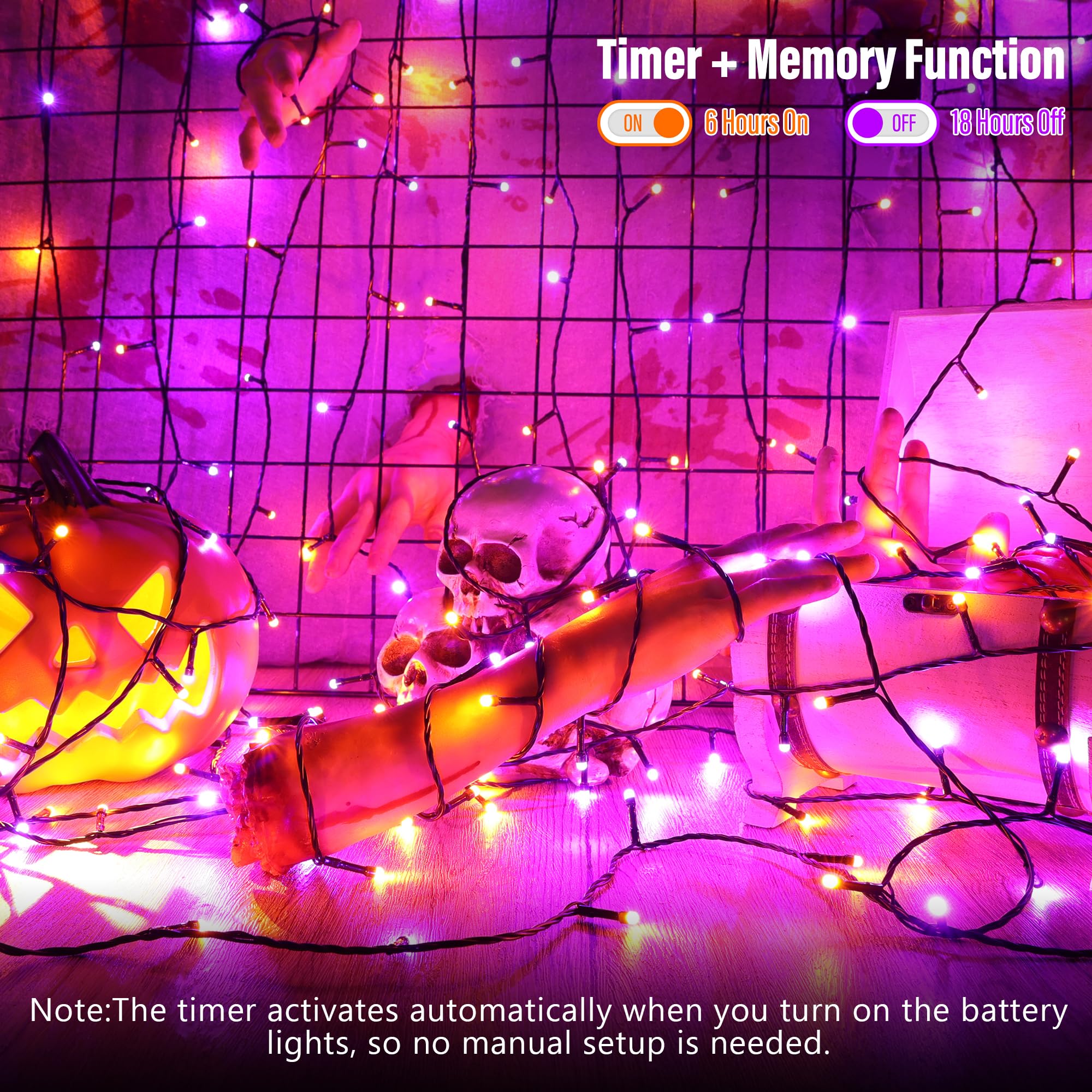 Lomotech Battery Operated Halloween Lights - 2 Pack Total 33Ft 100 Led Orange Purple Battery Lights 8 Modes Waterproof With Time