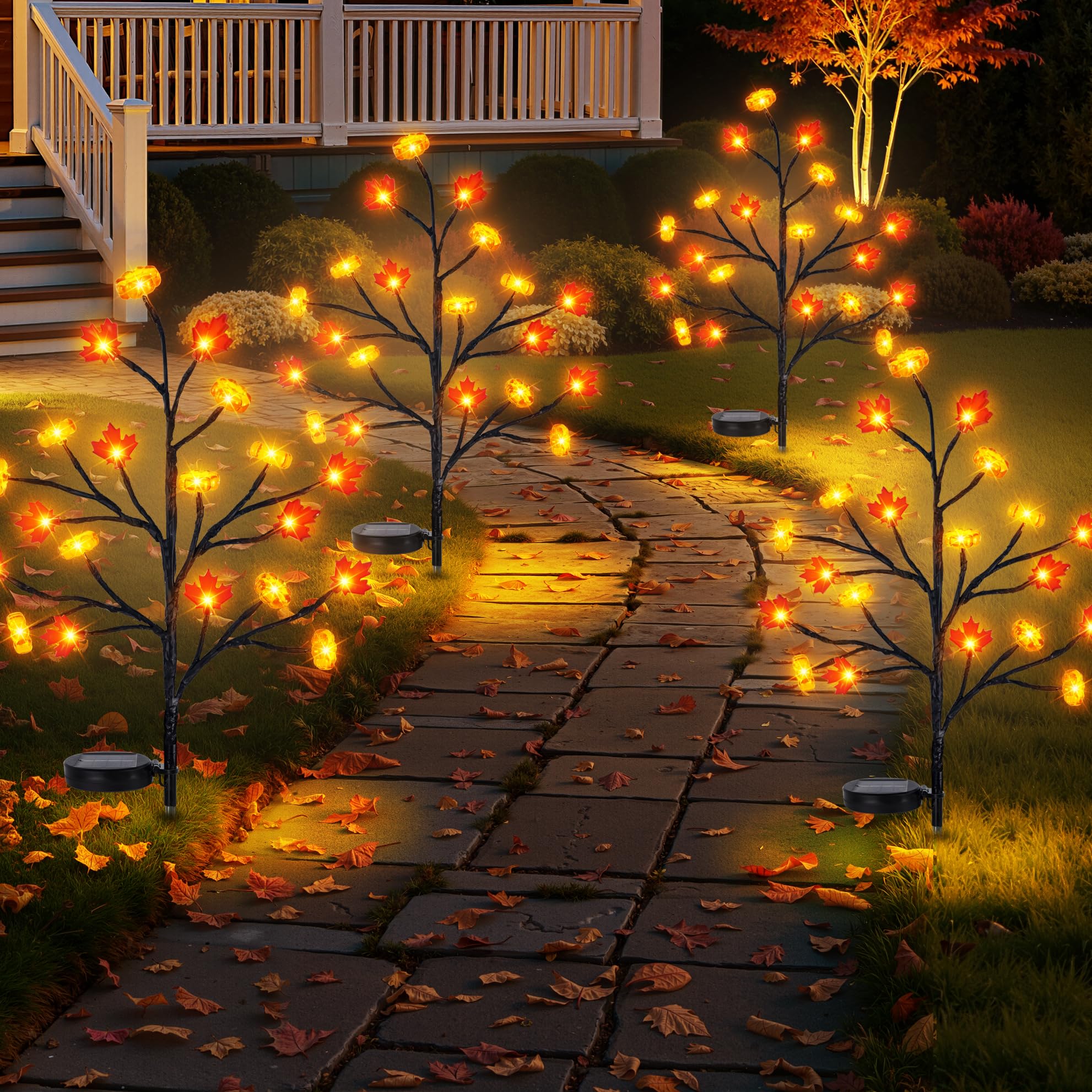 unlemoni Solar Pathway Lights, 80 LED Maple Pumpkin, 8 Modes, Waterproof, 4 Pack, Red, Model IPS386
