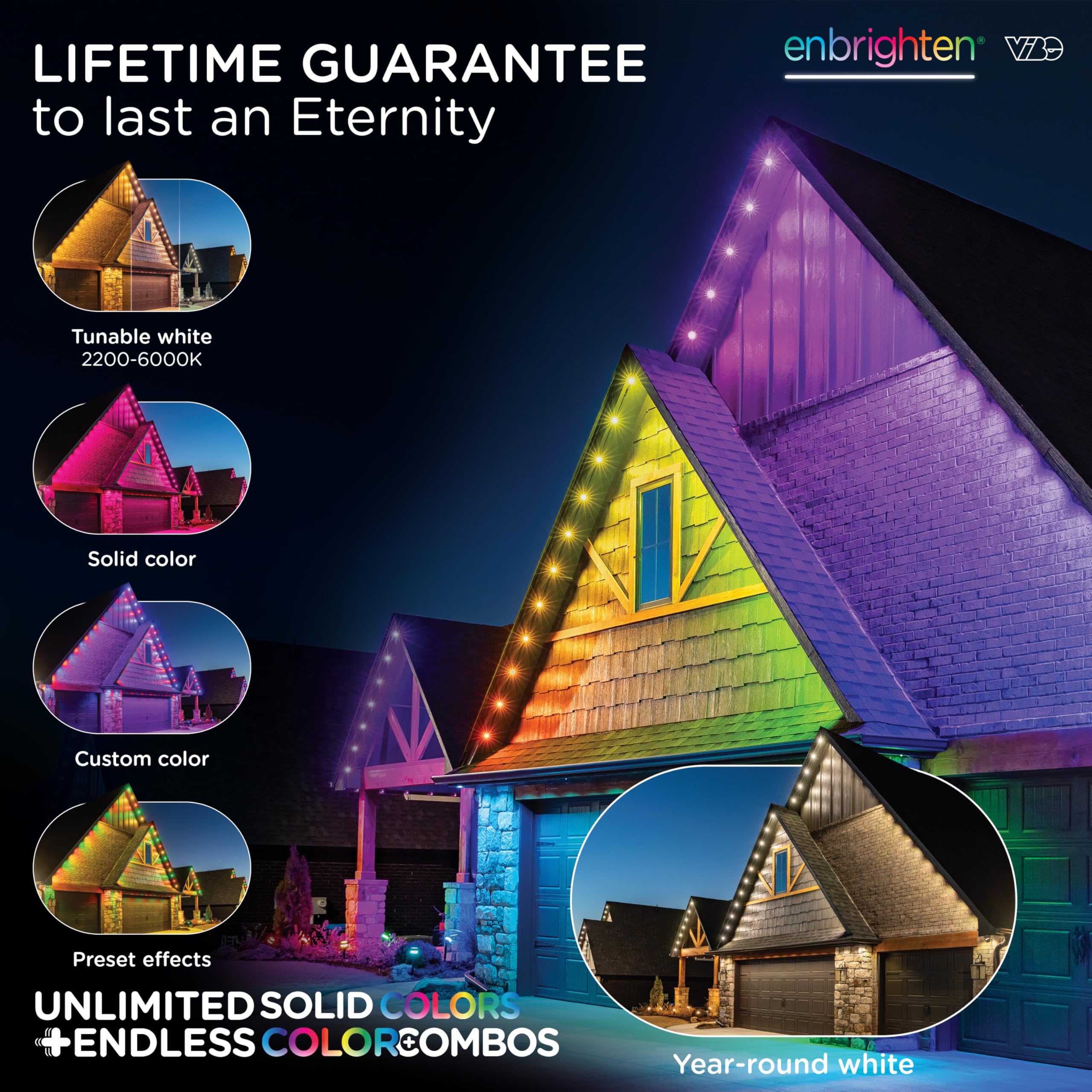 Enbrighten Vibe Eternity Permanent Outdoor Lights, 150Ft, 108 Rgbwic Leds, Smart Everyday Accent Lights, Ip67 Waterproof, Works