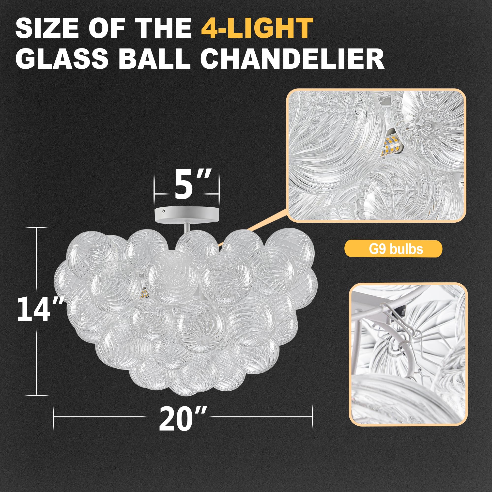 Beypan Bubble Ball Glass Chandelier White Finish Clear Ribbed Blown Glass Globe Semi Flush Mount Ceiling Light Fixture 20'' Dia