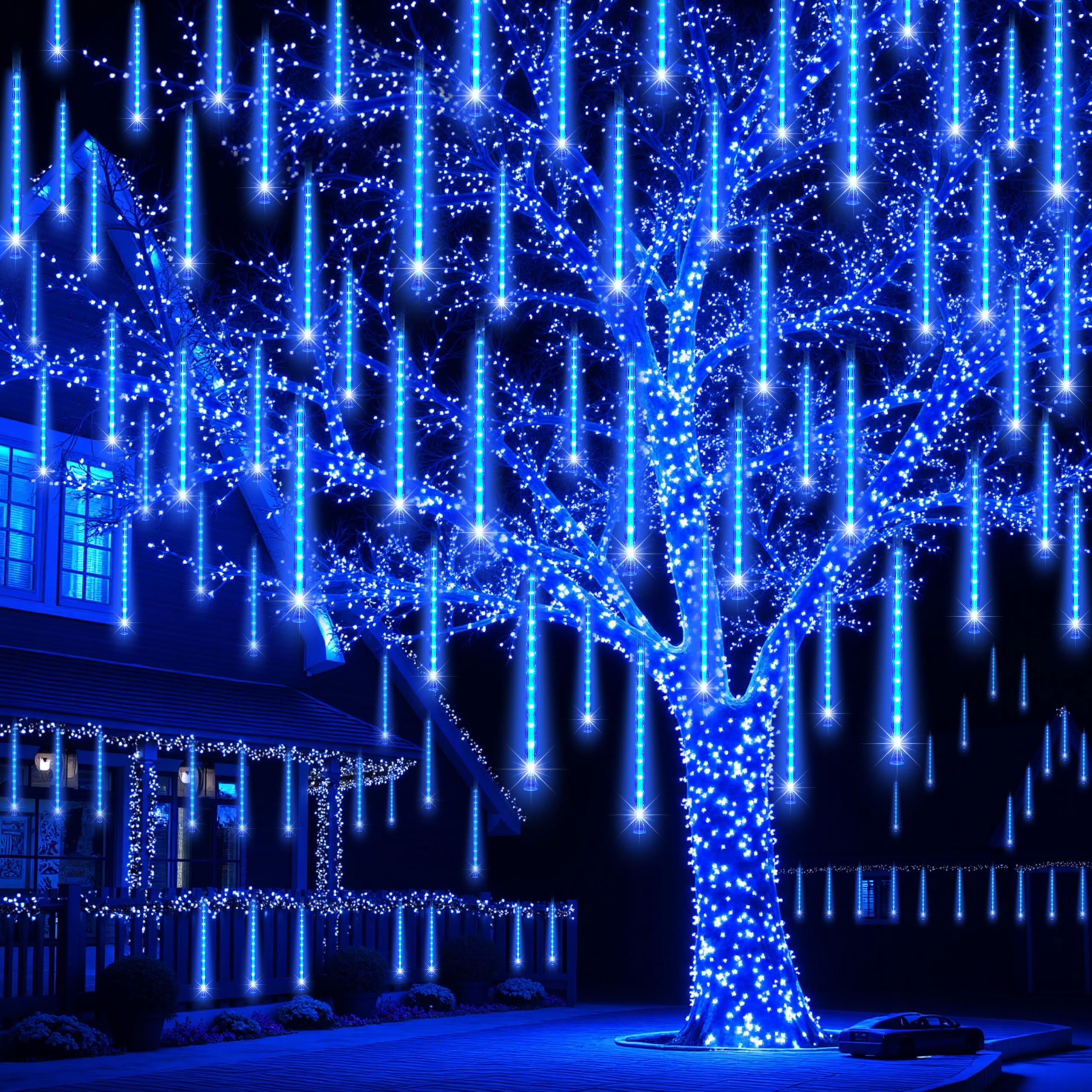 JOYIN Christmas Lights Outdoor, 8 Tubes Meteor Shower Lights, 192 LEDs, Blue, Model GP-SW070DC0857-IP44(US)A