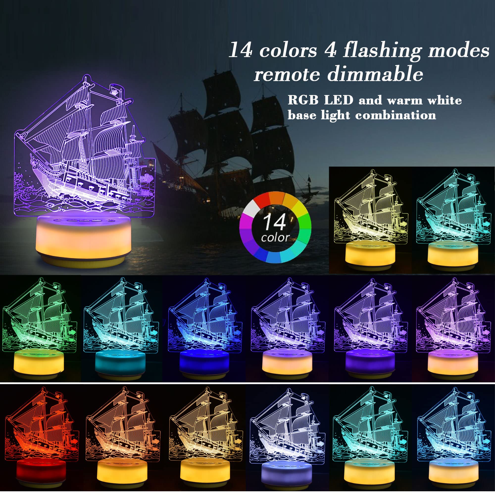 Pirate Ship Gifts Night Light for Kids,Pirate Toys Ship Night Light 14 Colors LED Decoration Lamp with Remote Control & Entity K