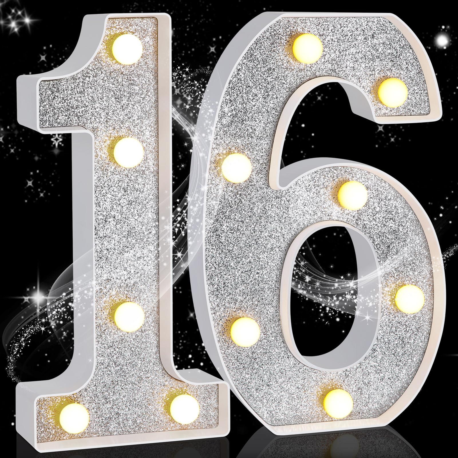 Treela LED Birthday Number Sign, 8.7in  Glitter Marquee for 16th Birthday Party Decorations, Silver