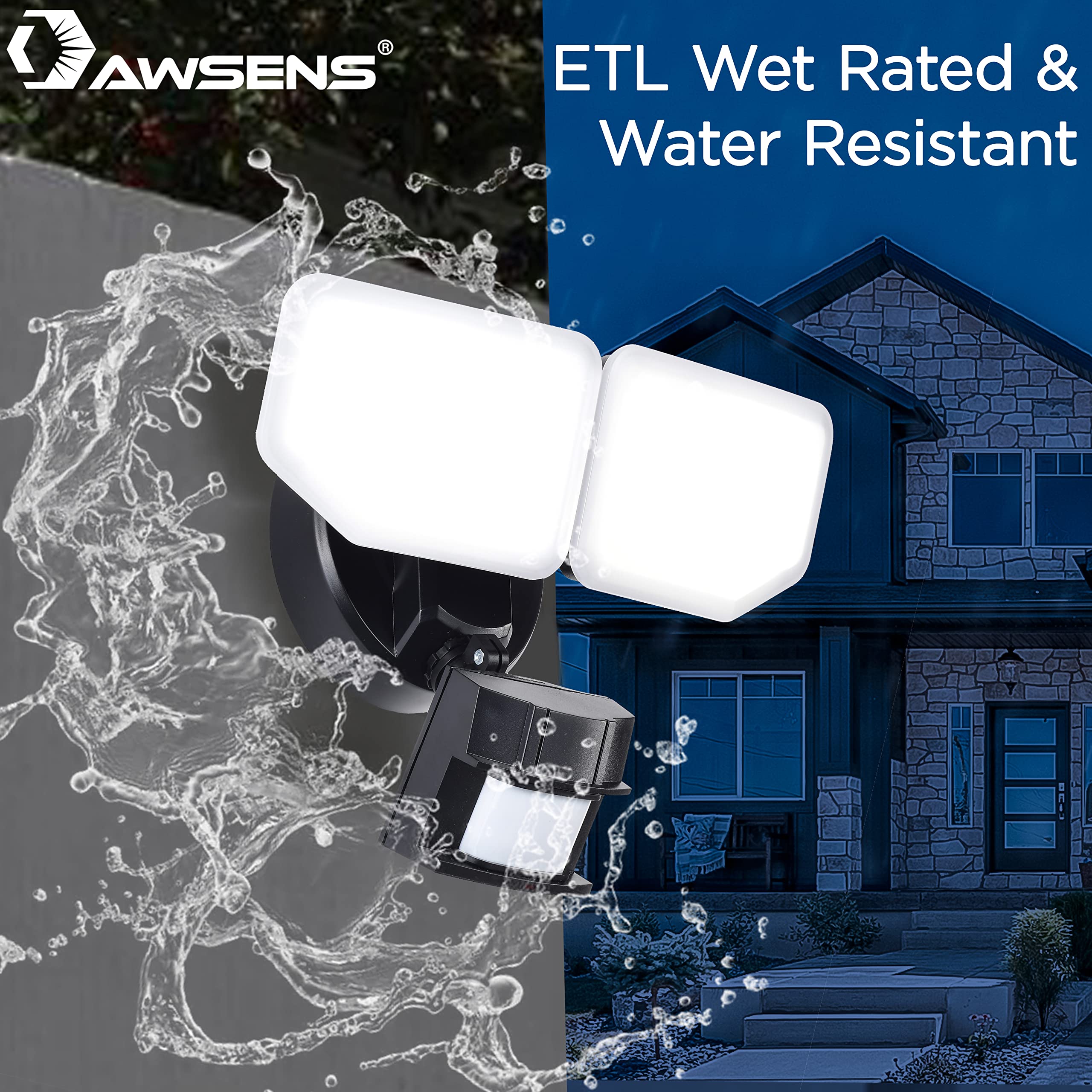 Awsens 30W Led Security Lights With Motion Sensor, 2600 Lm, 2 Head Flood Light, Black
