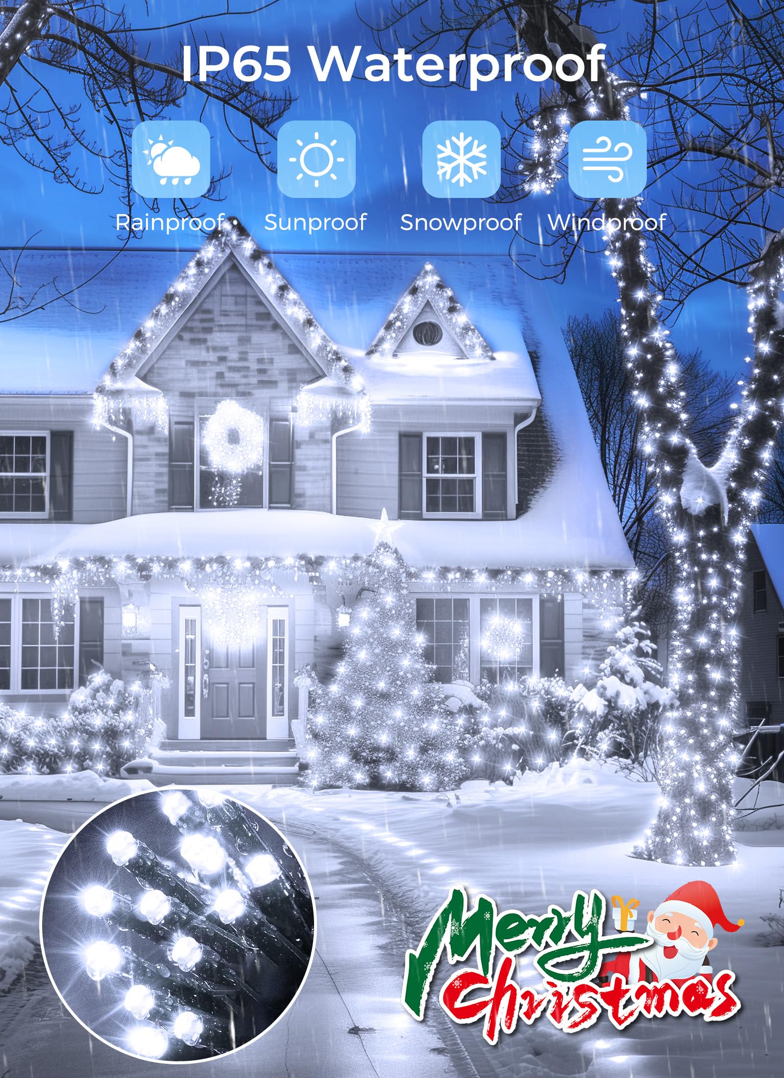 Minetom Solar String Lights, 160FT 400 LED, 8 Modes, Waterproof, Outdoor Christmas Lights, White, 4 Pack