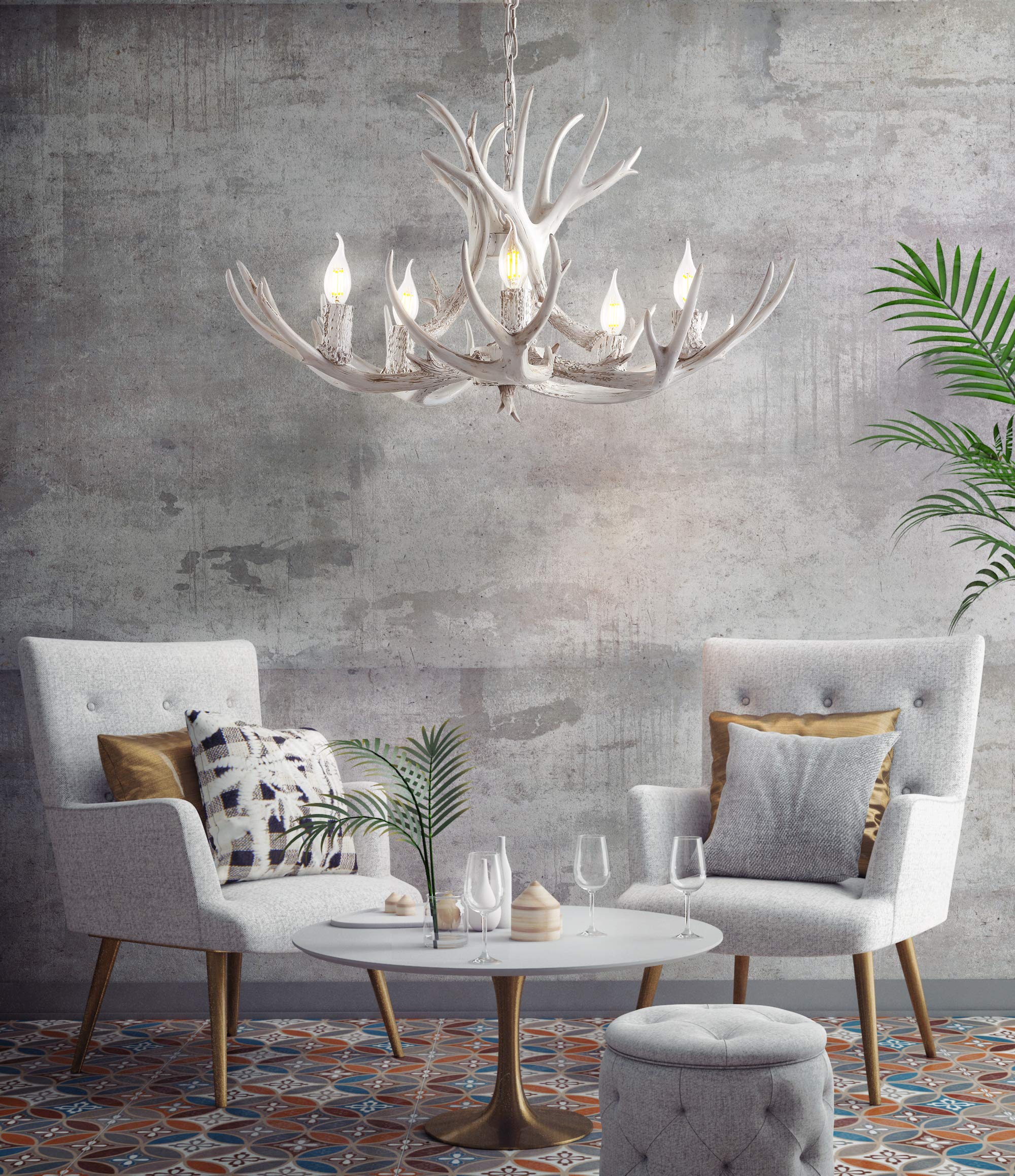 JONATHAN Y Eldora 30" Resin Antler 5-Light LED Chandelier, White, Dimmable, Glam Rustic Transitional Lighting for Dining Room, Living Room