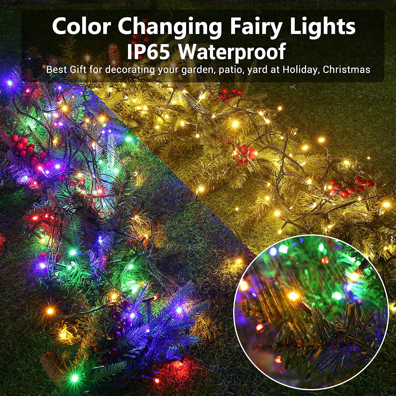 Joomer Solar String Lights, 2 Pack 144FT 400 LED Color Changing Waterproof Twinkle Fairy Lights - Warm White to Multicolor