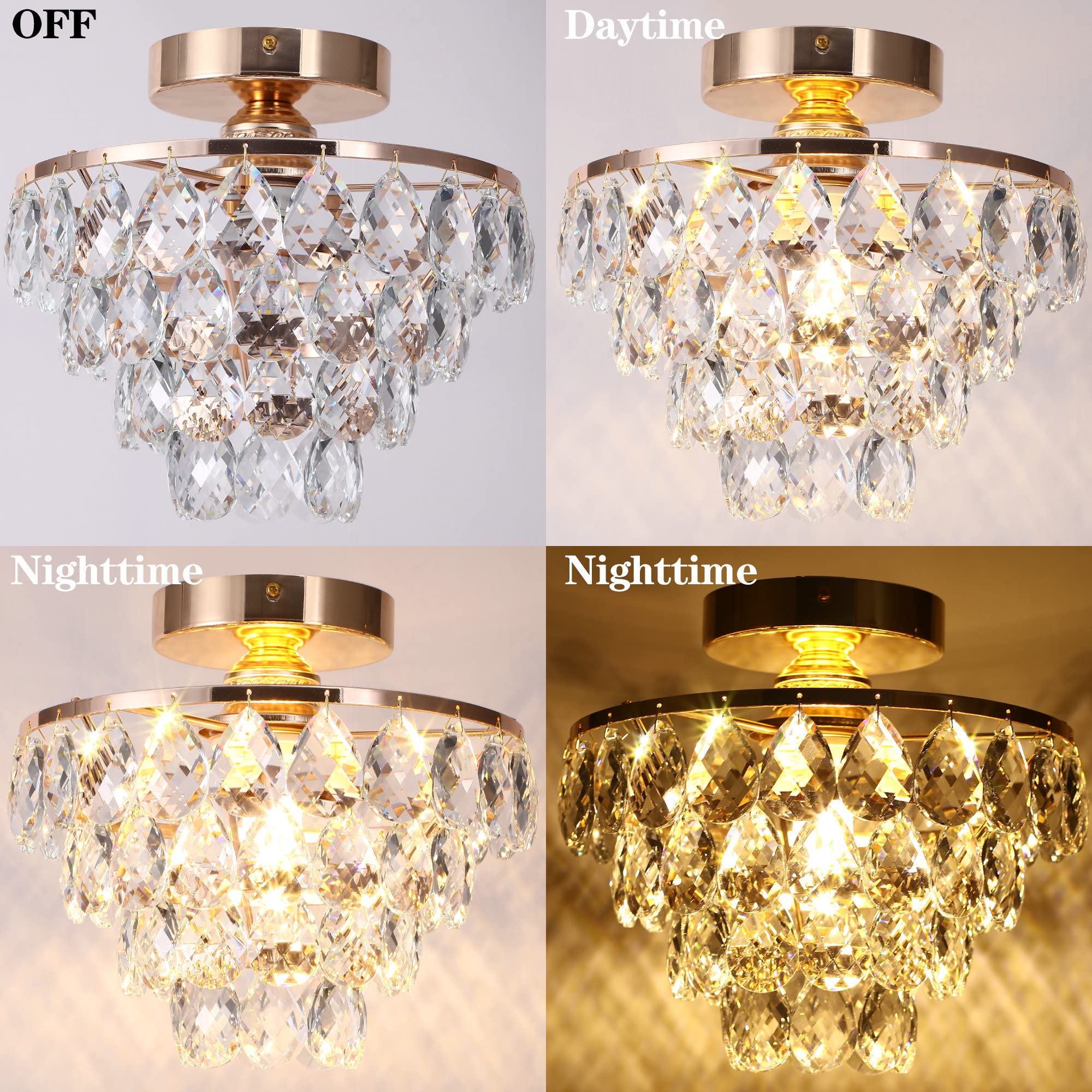Luupyia Gold Crystal Mini Chandelier - Modern Flush Mount Ceiling Light For Hallway & Bedroom