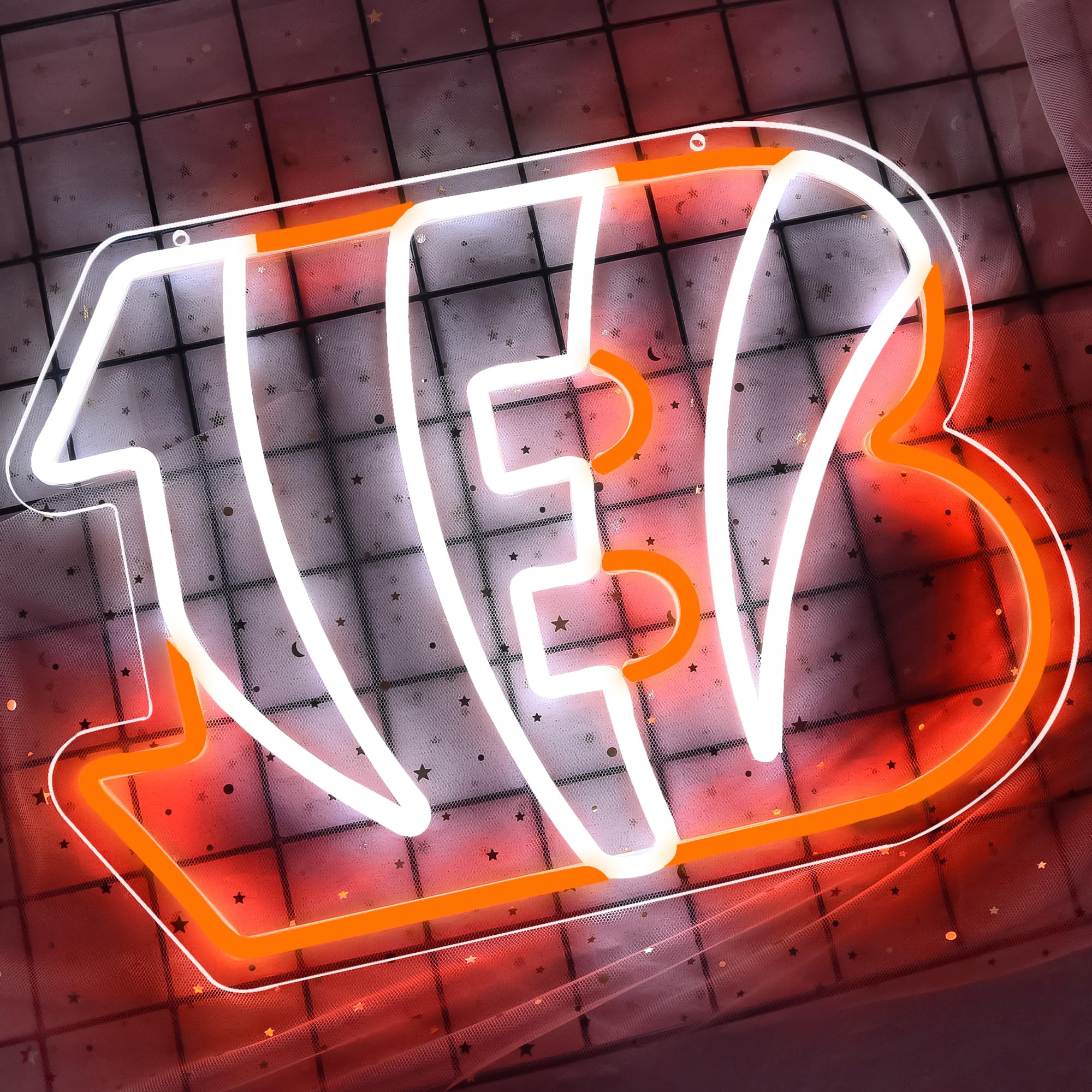 Brineon Football Neon Sign Wall Decor, Dimmable Acrylic Light, 16.1"x11.8", White Orange-Bengal for Man Cave & Rugby Fans