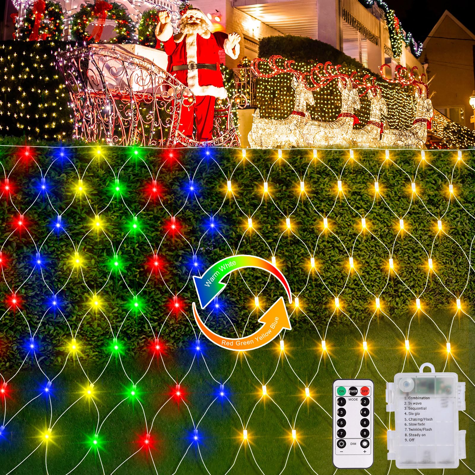 Christmas Net Lights, Battery-Operated 100 LED Bush Net Lights 5Ft x 5Ft Mesh with Remote, Dual Color Changing for Wedding, Gard
