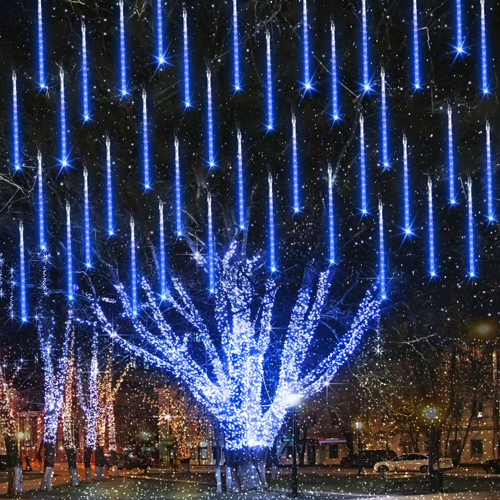 Joomer 2-Pack Christmas Lights Outdoor, 11.8 inch 10 Tubes 240 LED Meteor Shower Lights, LED Falling Icicle Cascading Lights with Timer Waterproof and Connectable for Christmas Decoration (Blue)