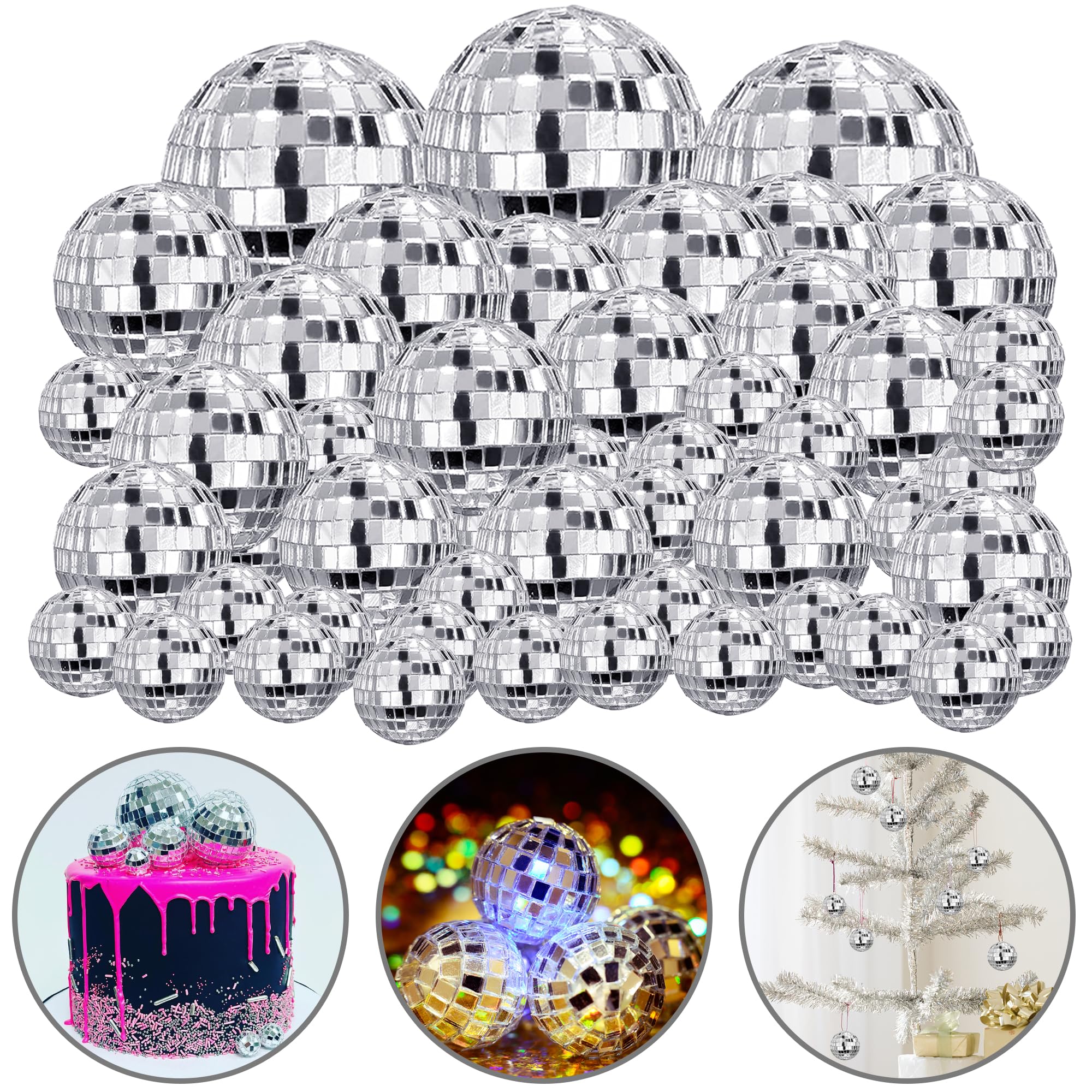 68 PCS Disco Ball Cake Decoration Ornaments Reflective Mirror Ball Cake Decoration 70s Disco Themed Party Decoration Silver Disc