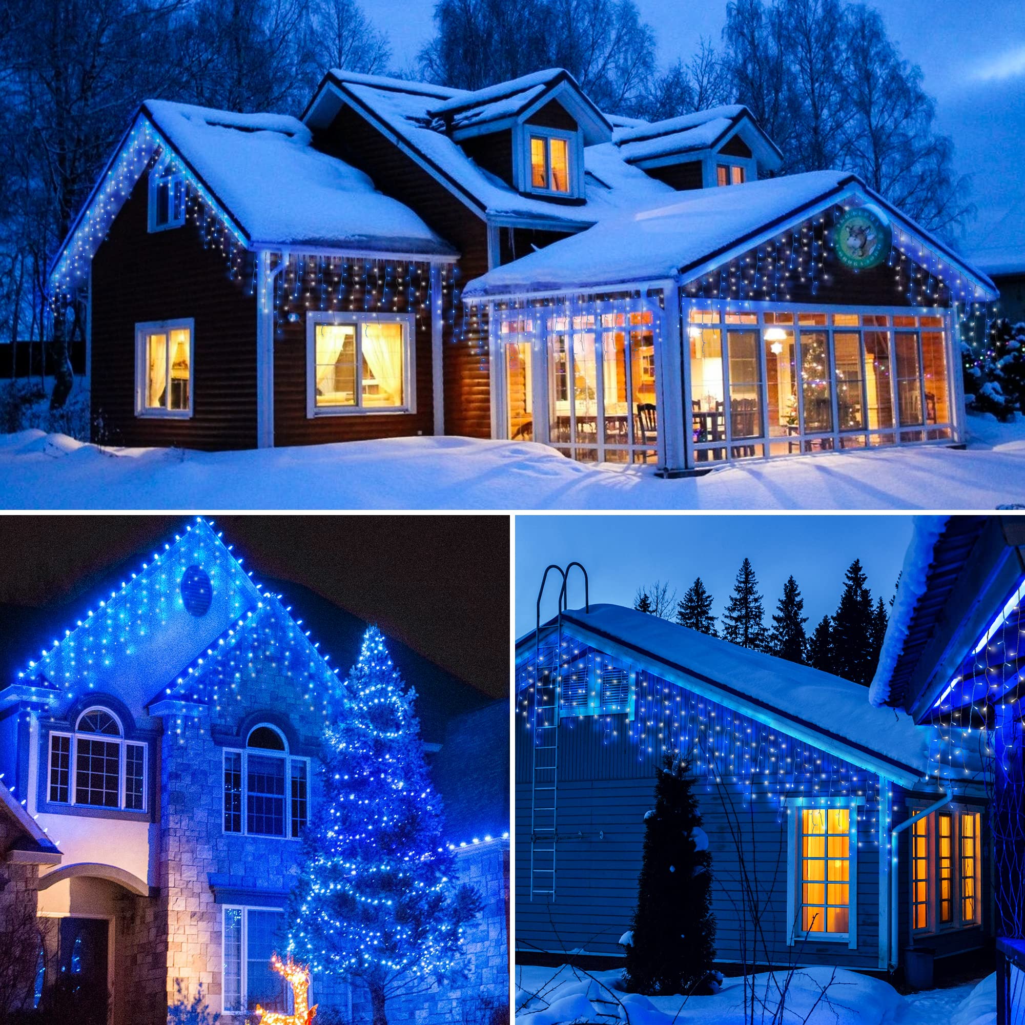 mimigogo 300 LED Solar Icicle Lights, 33ft, 8 Modes, Blue White, Remote Control for Outdoor Christmas Party Decorations