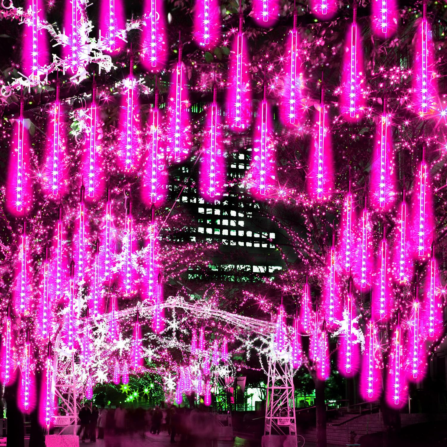 Jjgoo ?2 Pack? Christmas Lights Meteor Shower Rain Lights 12Inch  Totally 20 Tube 480 Leds Icicle Light Outdoor Raindrop Light For Xmas Halloween Wedding Party Tree Holiday Decoration  Pink