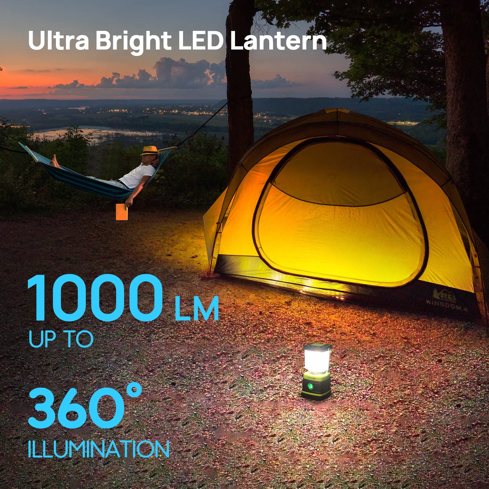 Consciot LED Camping Lantern 1000LM, 4400mAh Power Bank, IPX4 Waterproof, Light Green, 2 Pack, Model AOL002-US-V1