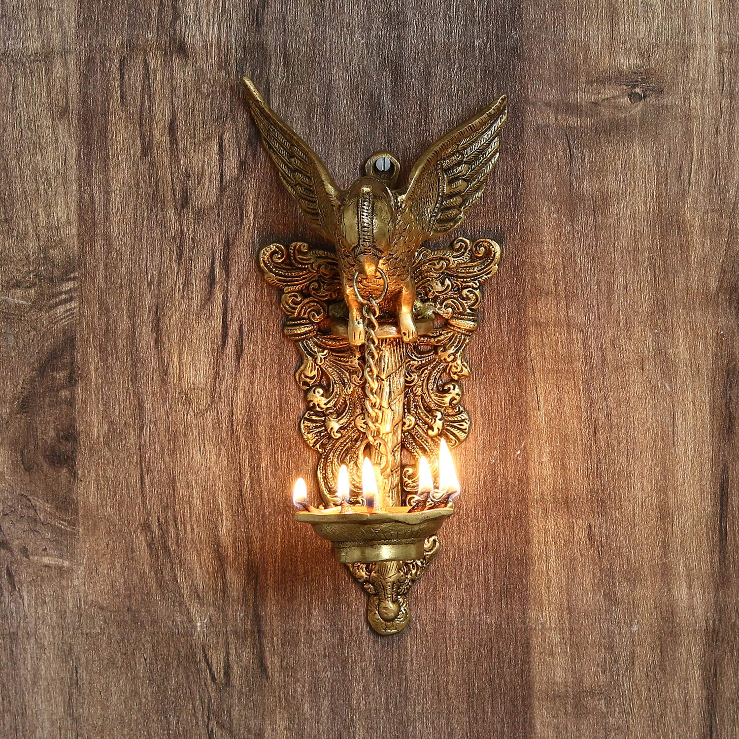 eCraftIndia Decorative Handcrafted Brass Bird Wall Hanging with Diya for 5 wicks