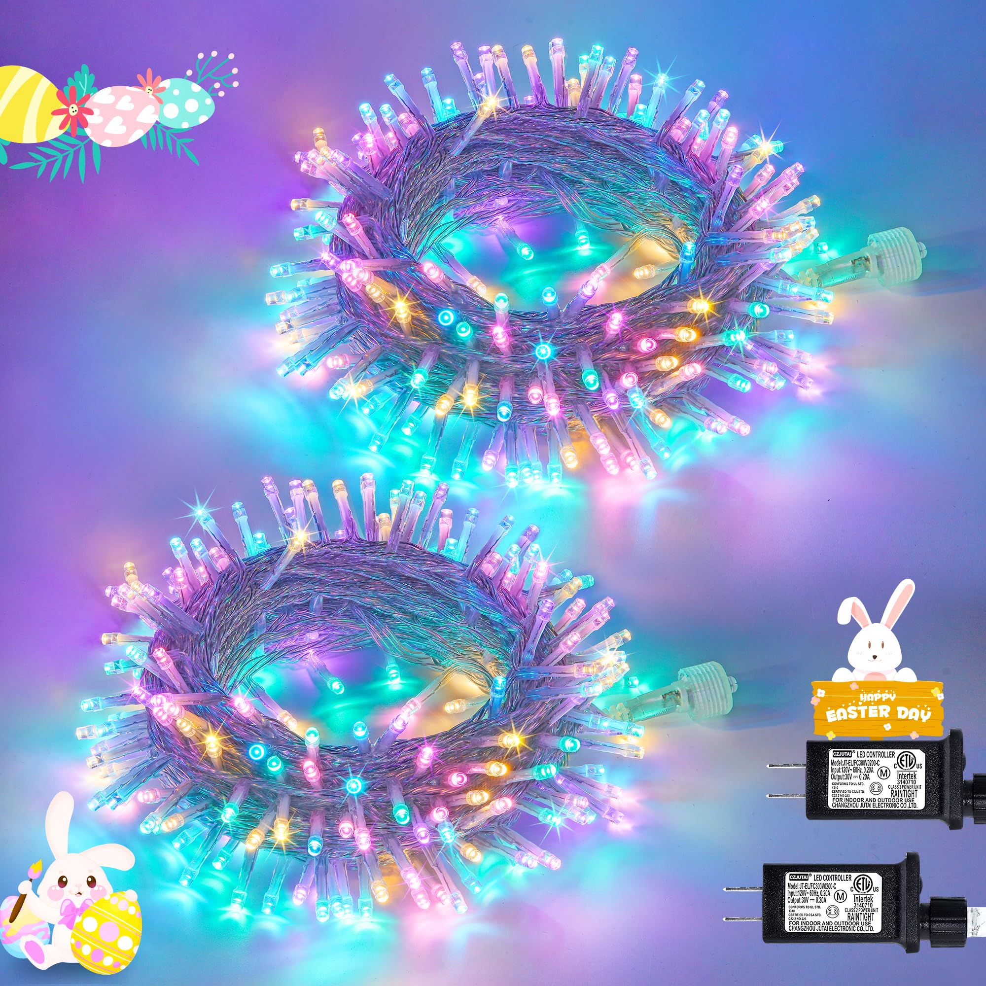 JMEXSUSS 2 Pack 100 LED Easter String Lights Indoor Outdoor, 33ft Multicolor Easter Lights Plug in, 8 Modes Connectable Colorful Christmas String Lights for Easter Bedroom Party Decorations