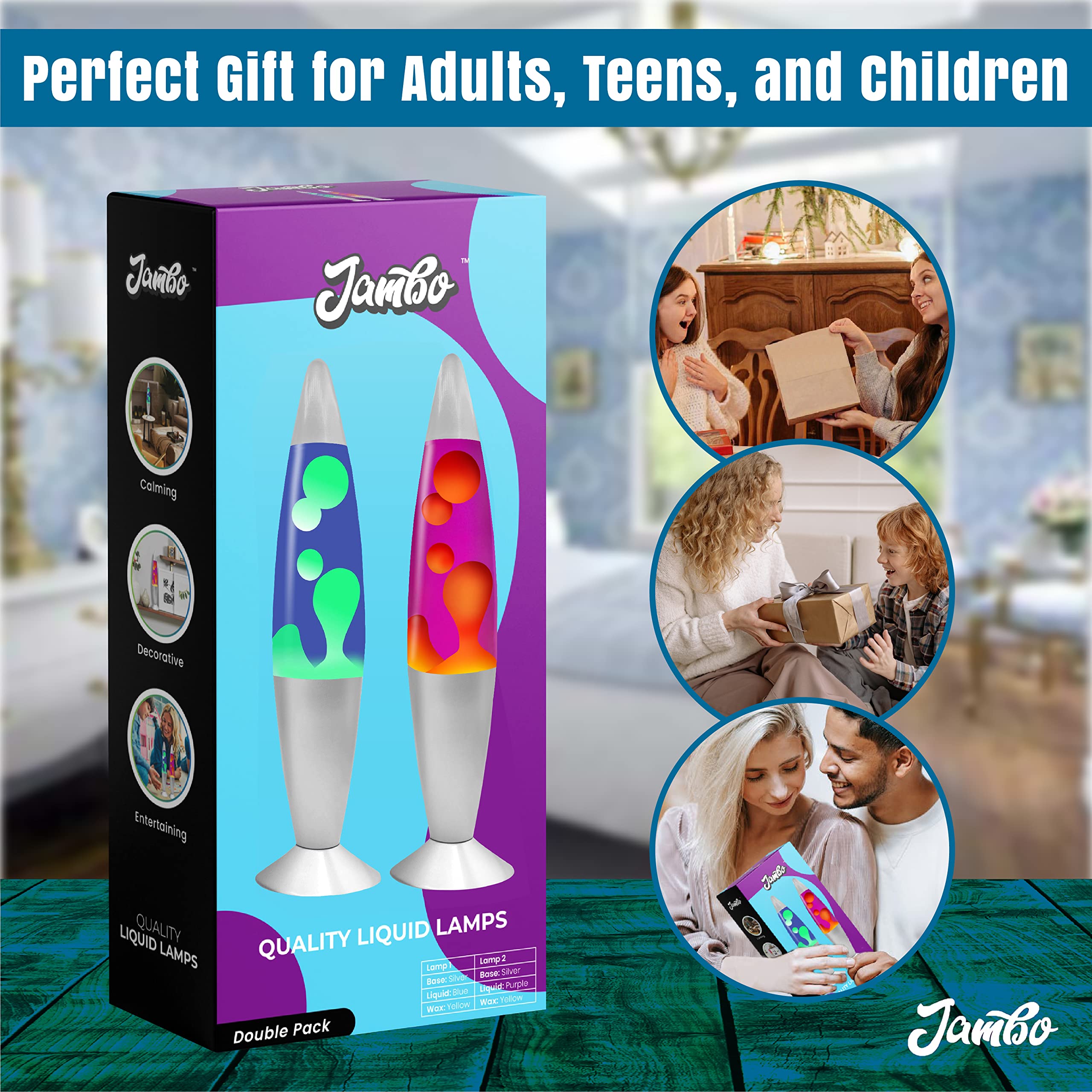Jambo Liquid Motion Lamp Double Pack | 16in Wax, Silver Base, Blue & Purple Liquid