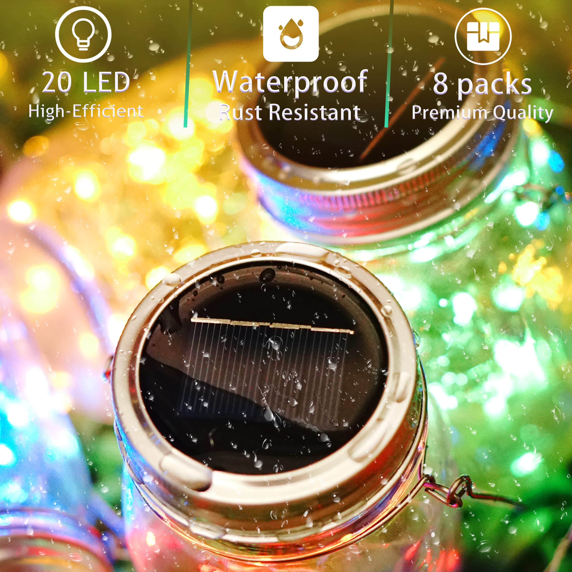 Solar Mason Jar Lights [Updated], 8 Pack 20 Led Waterproof Fairy Firefly Jar Lids String Lights With Hangers(No Jars), Patio Yar