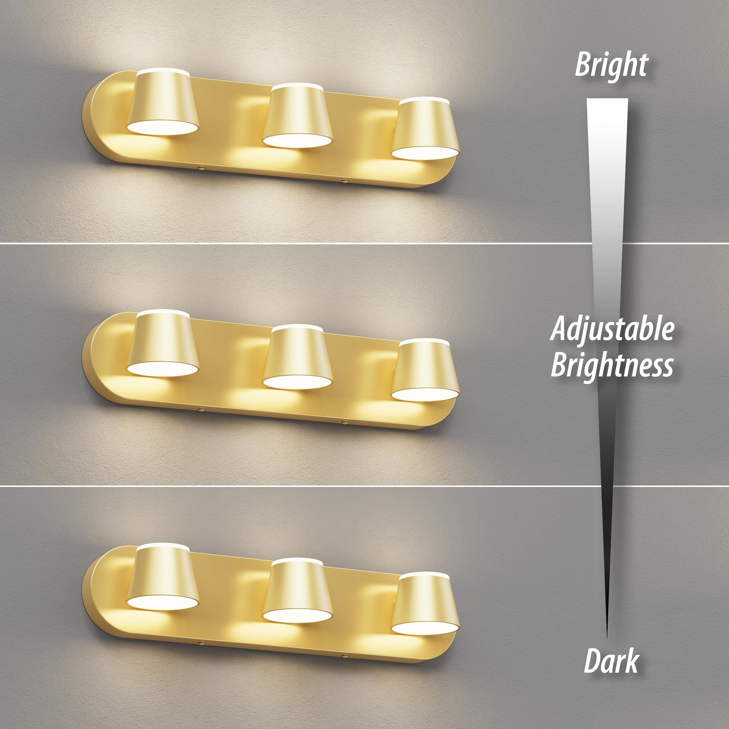 URSOLA 3 Light Bathroom Vanity Light Fixtures, Gold Metal, Dimmable, 20 Inch, Model 7540GD-3T