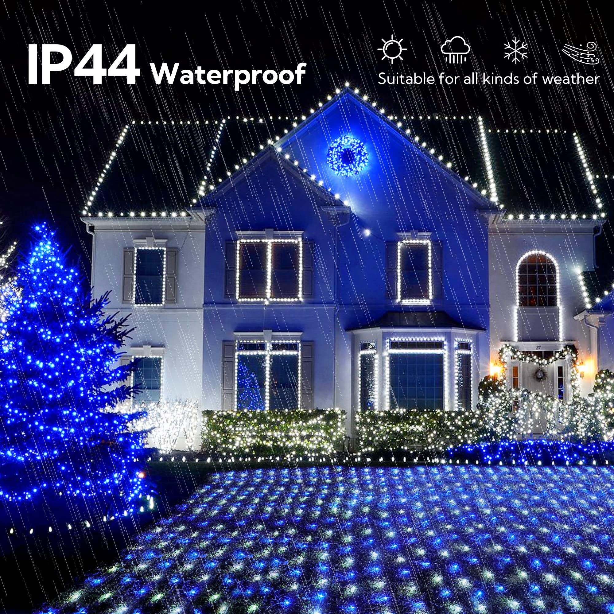 HEYFUNi 192 LED Net Lights – Waterproof Blue White Mesh Lights, 8 Modes, 9.8ft x 6.6ft, Model QX-U-O-N-192-BW