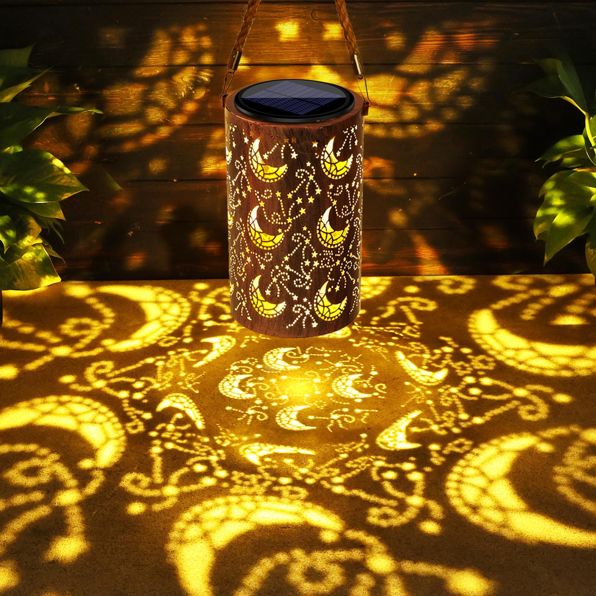 Toodour Solar Lantern Outdoor, Hanging Solar Outdoor Lights Garden Decor, Waterproof Hollow Out Retro Metal Moon Decorative Ligh