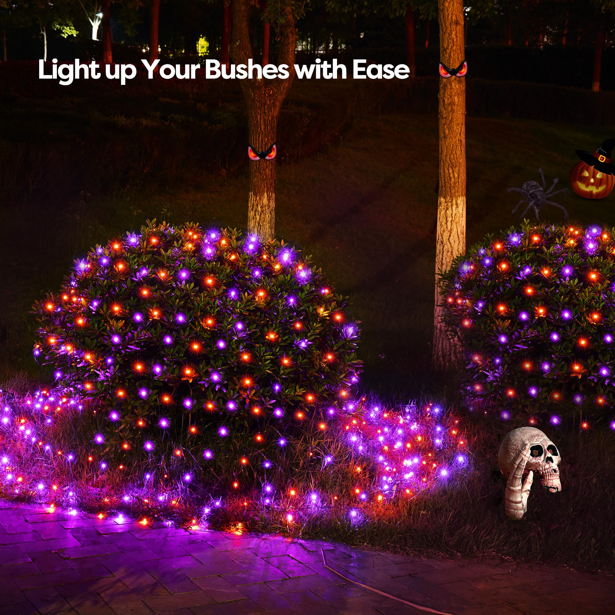 Wbao Halloween Lights Outdoor 200Led 8.4Ft X 5.2Ft Orange Purple Halloween Net Lights With 8 Modes  Timer  Connectable  Waterproof & Dark Green Wire For Lawn  Bushes  Trees  Outdoor Holiday Decor