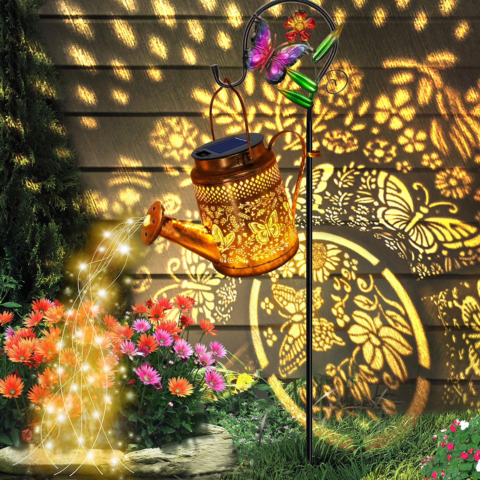 Solar Powered Butterfly Watering Can Lights Waterproof Outdoor Garden Decor with Shepherd Hook Hanging Patio Lights for Yard, Po
