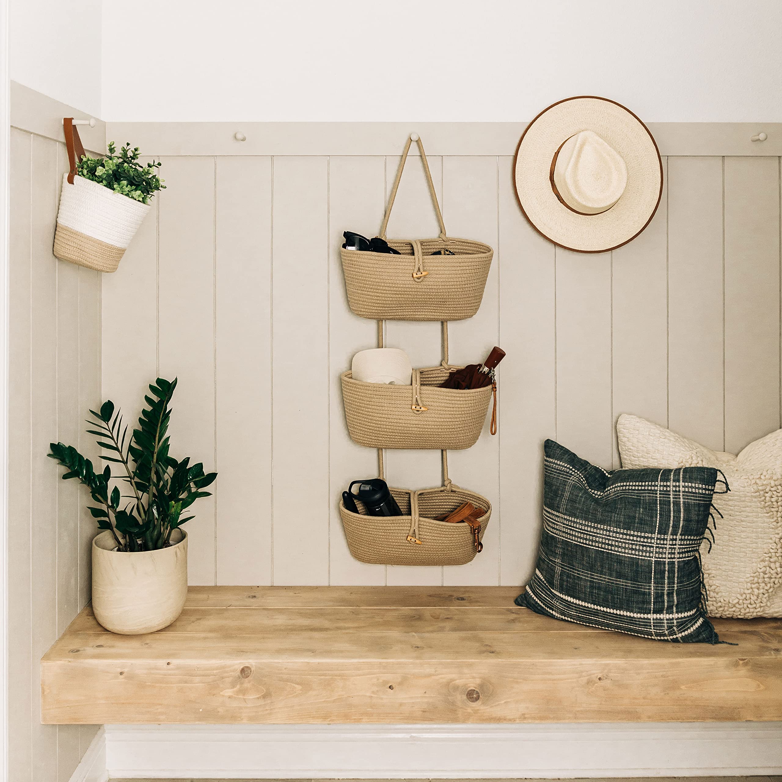 Organihaus Woven Hanging Baskets For Organizing | 3-Tier Wall Basket Storage Boho Nursery Closet Organizer Mounted Over The Door