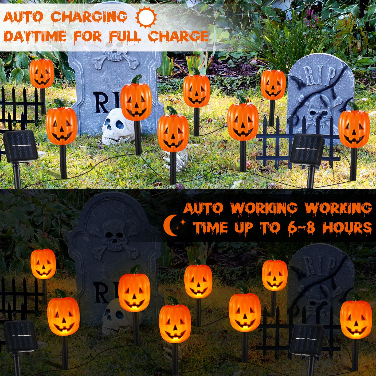 Retisee 10 Pcs Halloween Pumpkin Pathway Markers Lights Solar Powered Pathway String Lights Light up Jack O Lantern Pumpkin Gard