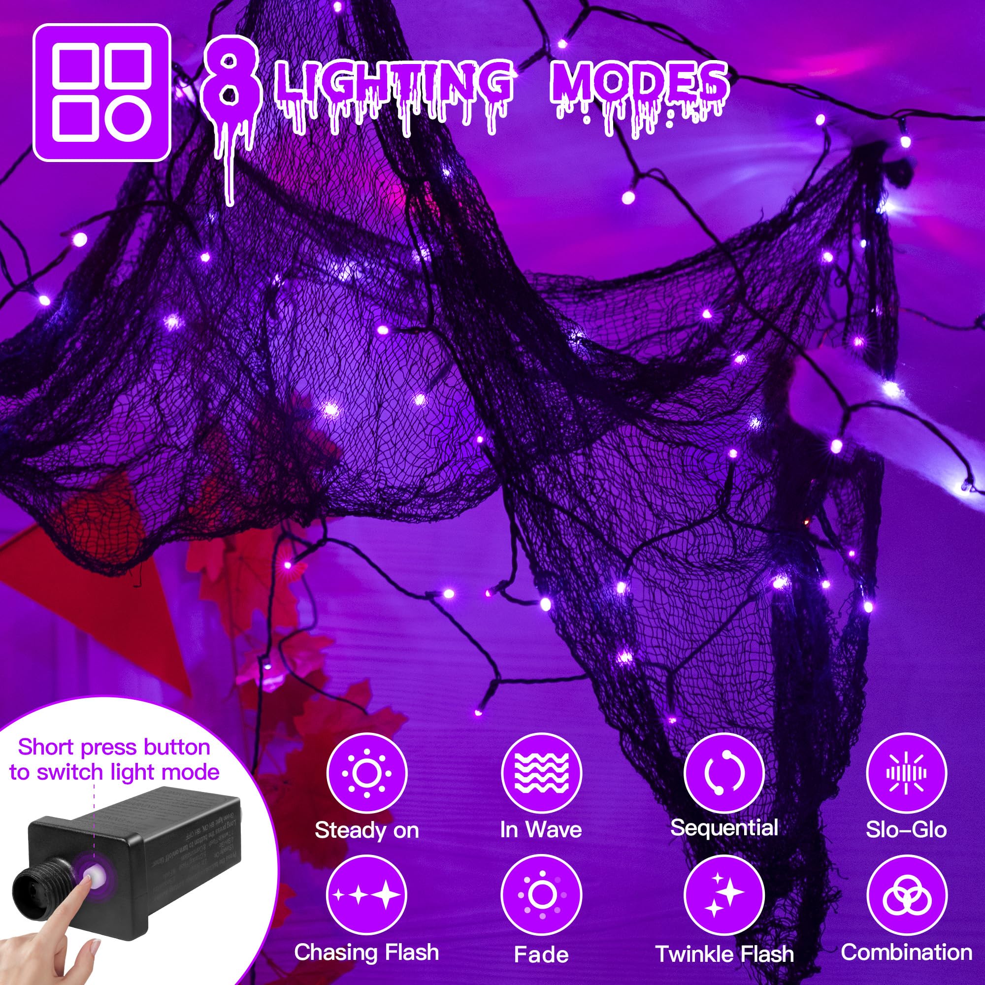 Guhope 66FT 200 LED Purple Halloween String Lights, Waterproof, 8 Lighting Modes, Model NYA0200A
