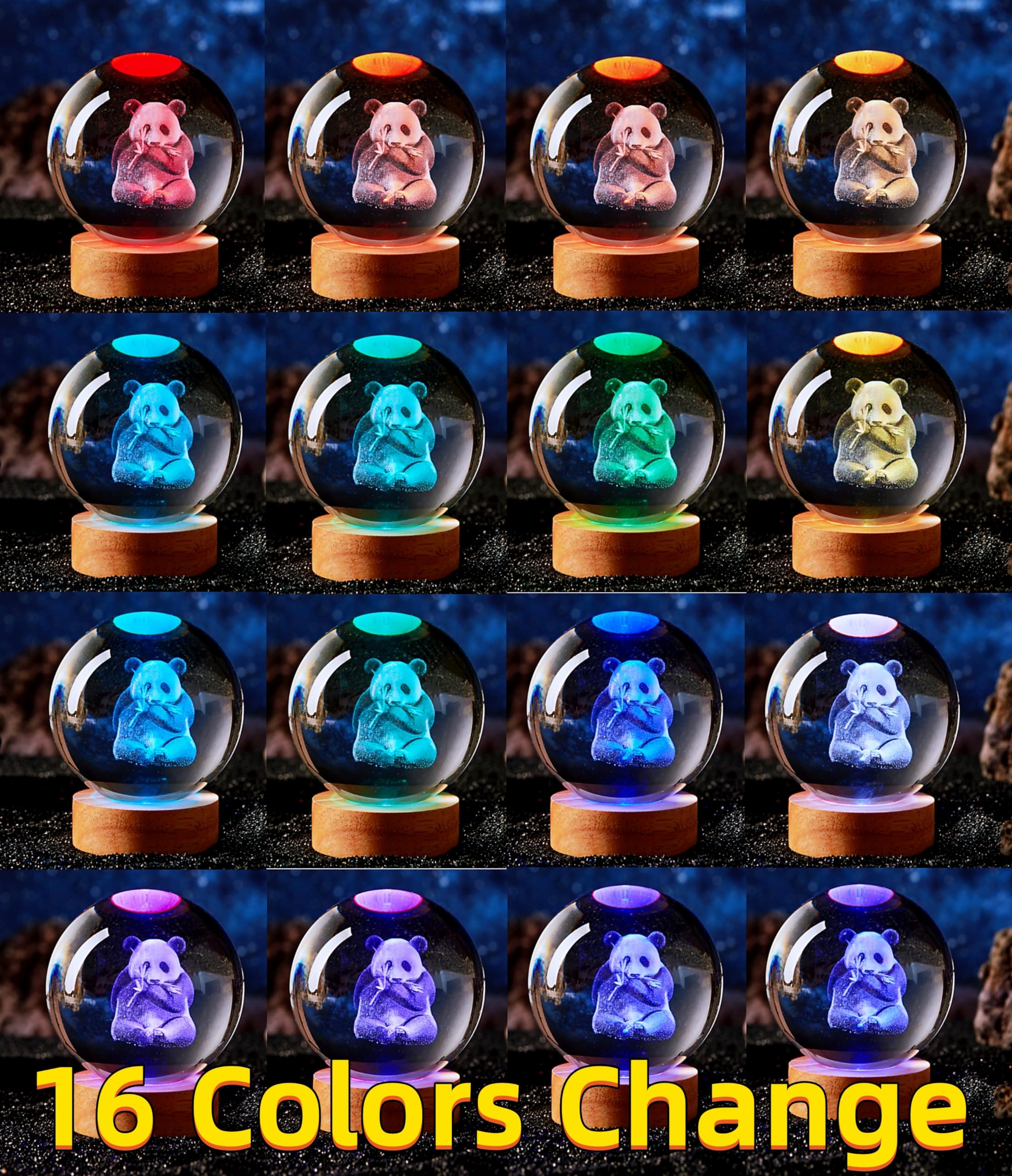 Panda Crystal Ball Lamp,3.15 Inch 3D K9 Crystal Ball Panda Night Light,16 Colors Changing Light,Dimmable Remote Control,Panda La