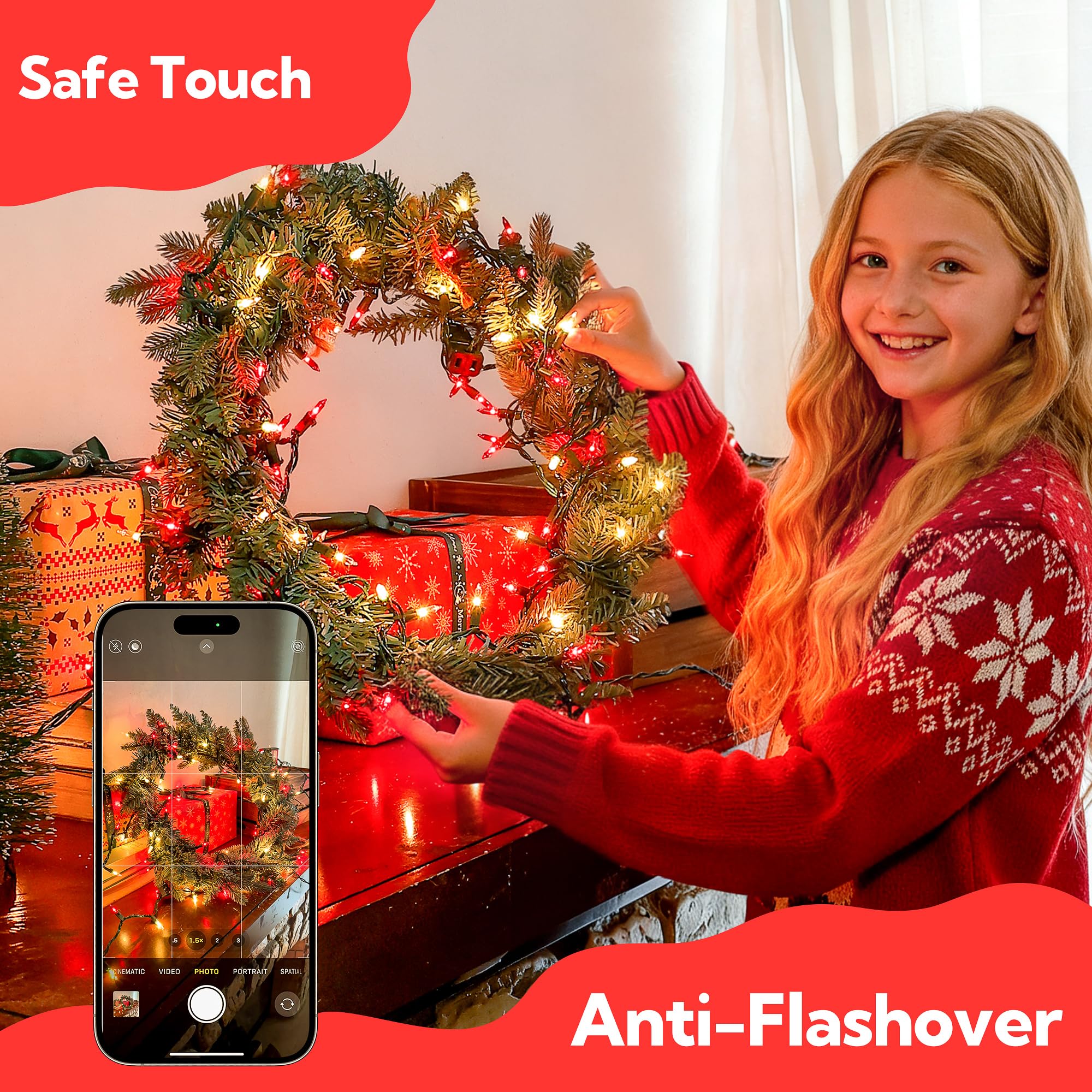 Woohaha Mini Christmas Lights 2 Pack 13Ft String Lights  120V Ul Plug Extendable Xmas Tree Lights For Christmas Patio Home Party Holiday Garden Indoor/Outdoor Decor(50 Count Red Clear)