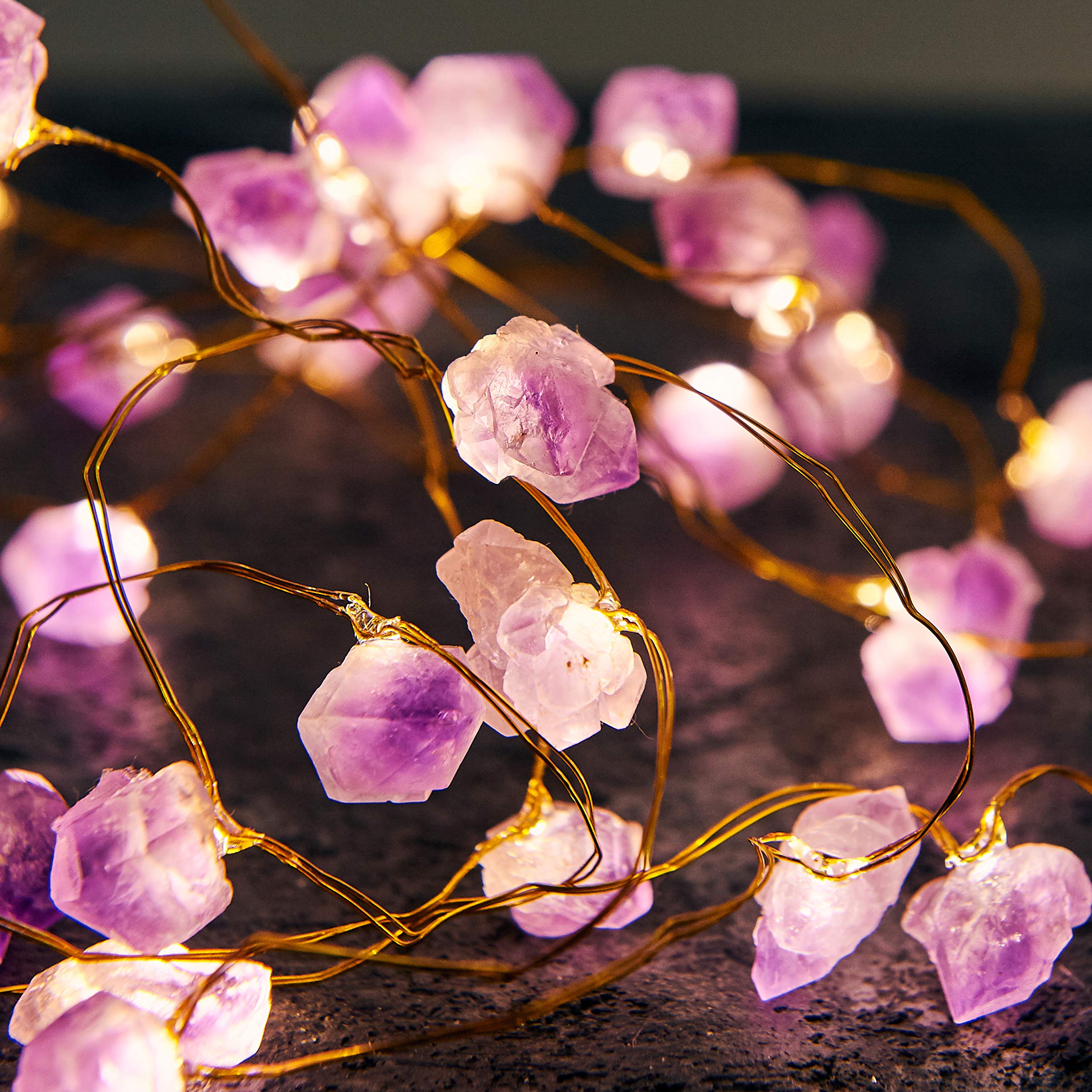 MIYA LIFE Nature Amethyst Crystal String Lights, 10FT, 40 LEDs, USB/Battery Operated, Purple Grape Crystal Fairy Lights, Model CRYPAR