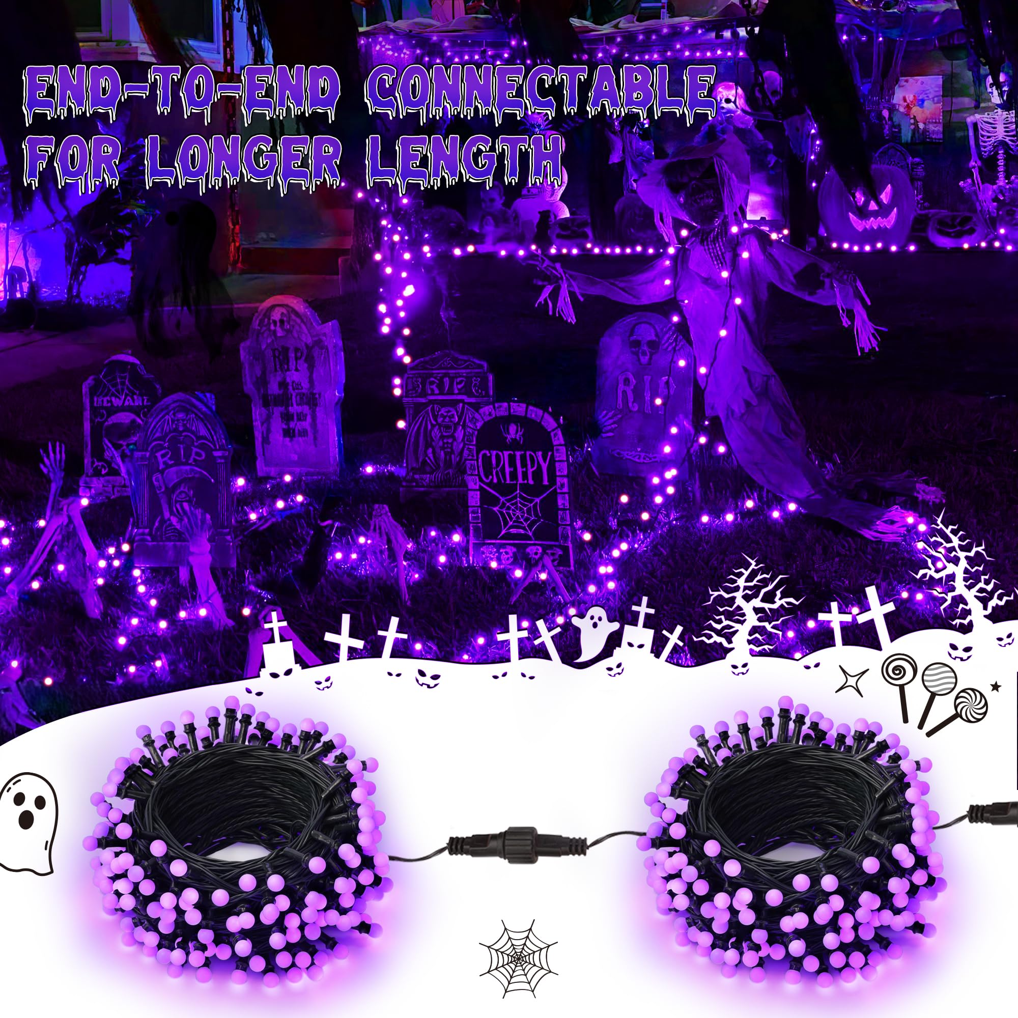 Brizled Purple Halloween Lights, 200 LED String Lights, 66ft, 8 Modes, Timer, Outdoor/Indoor, Model FT4-200PCL-30