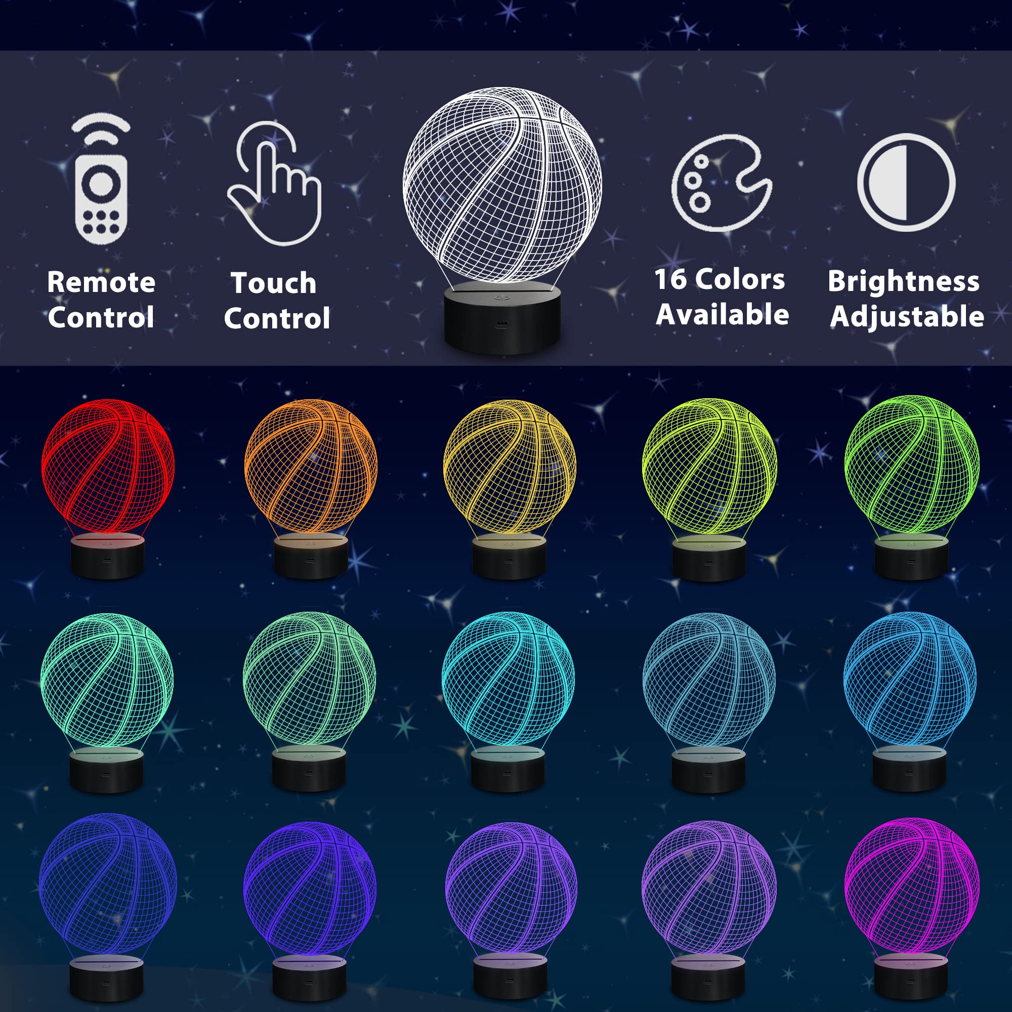 Lampeez 3D Optical Illusion Basketball Night Light with Remote Control, 16 Colors, Model FS-2810-9999