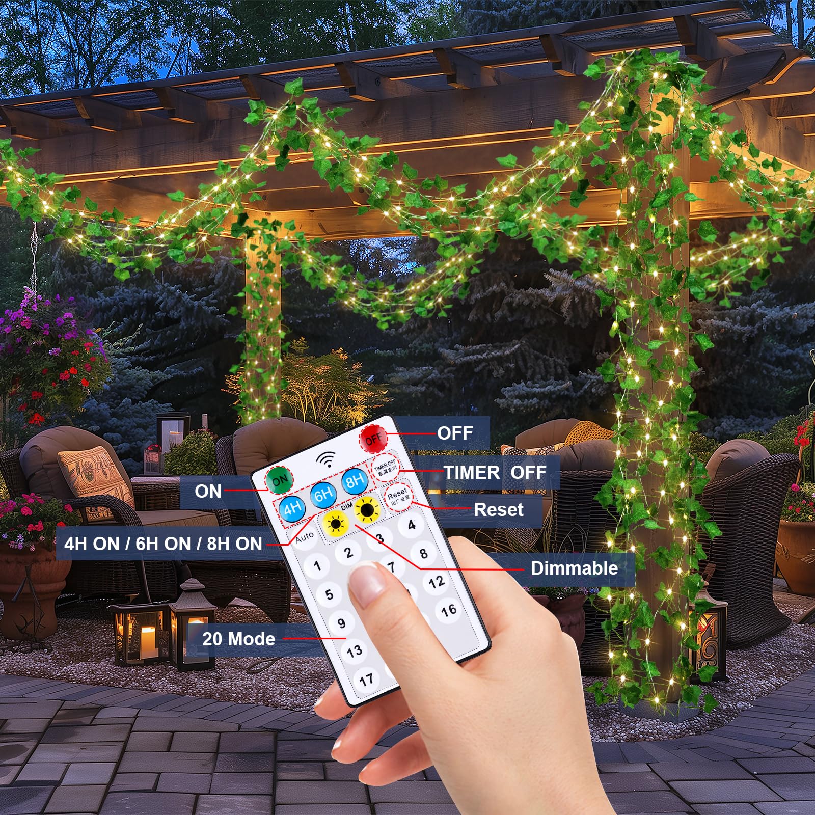 OMIKA Solar Fairy Lights, 66FT 200LEDs, Waterproof Ivy String Lights, Warm White, Model MKR-BO-63 for Outdoor Garden Wedding