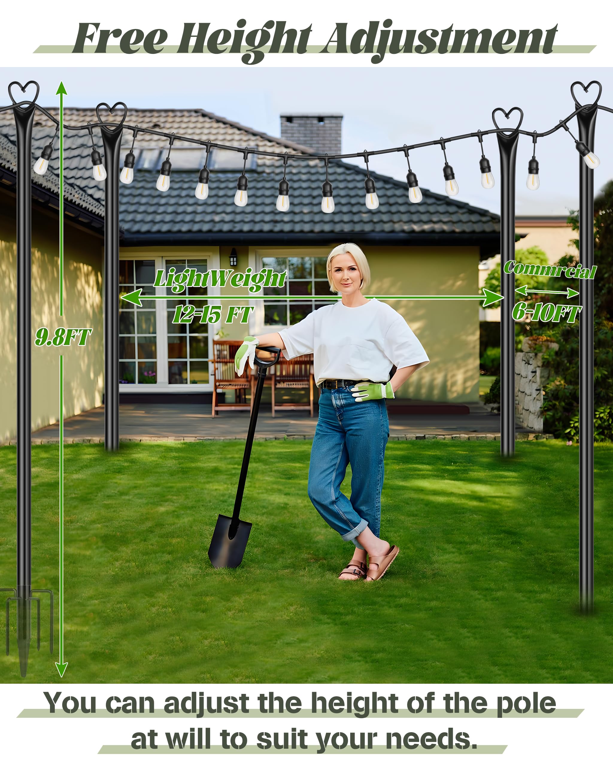 Xdw-Gifts String Light Poles With Fork For Outdoor, 4 Pack 9.8 Ft Tall Metal Posts For Hanging String Lights Patio, Yard, Deck L