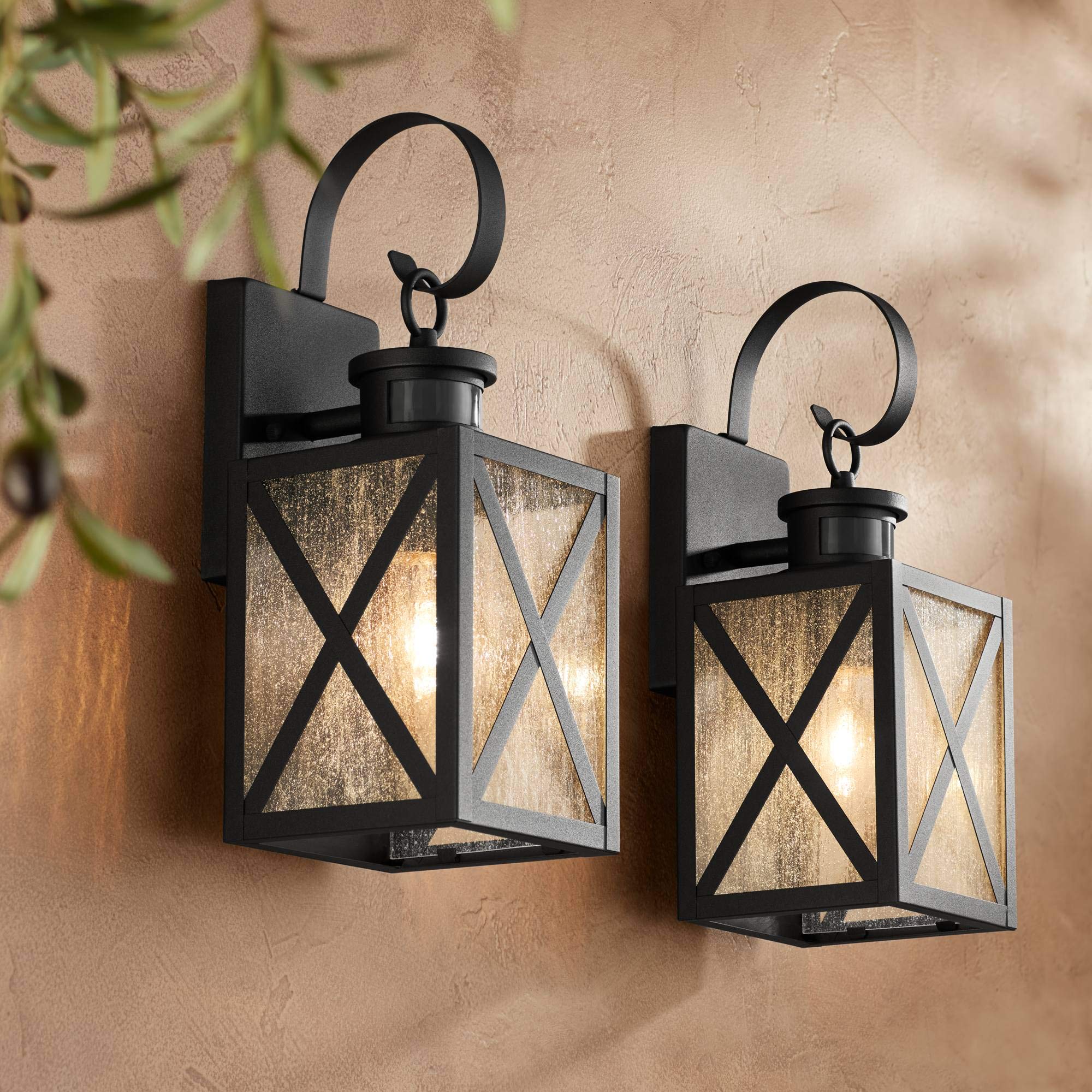 John Timberland Outdoor Wall Light Fixtures Set of 2, Carriage Style, Textured Black, 14.5in, Clear Seedy Glass, Dusk to Dawn, Motion Sensor