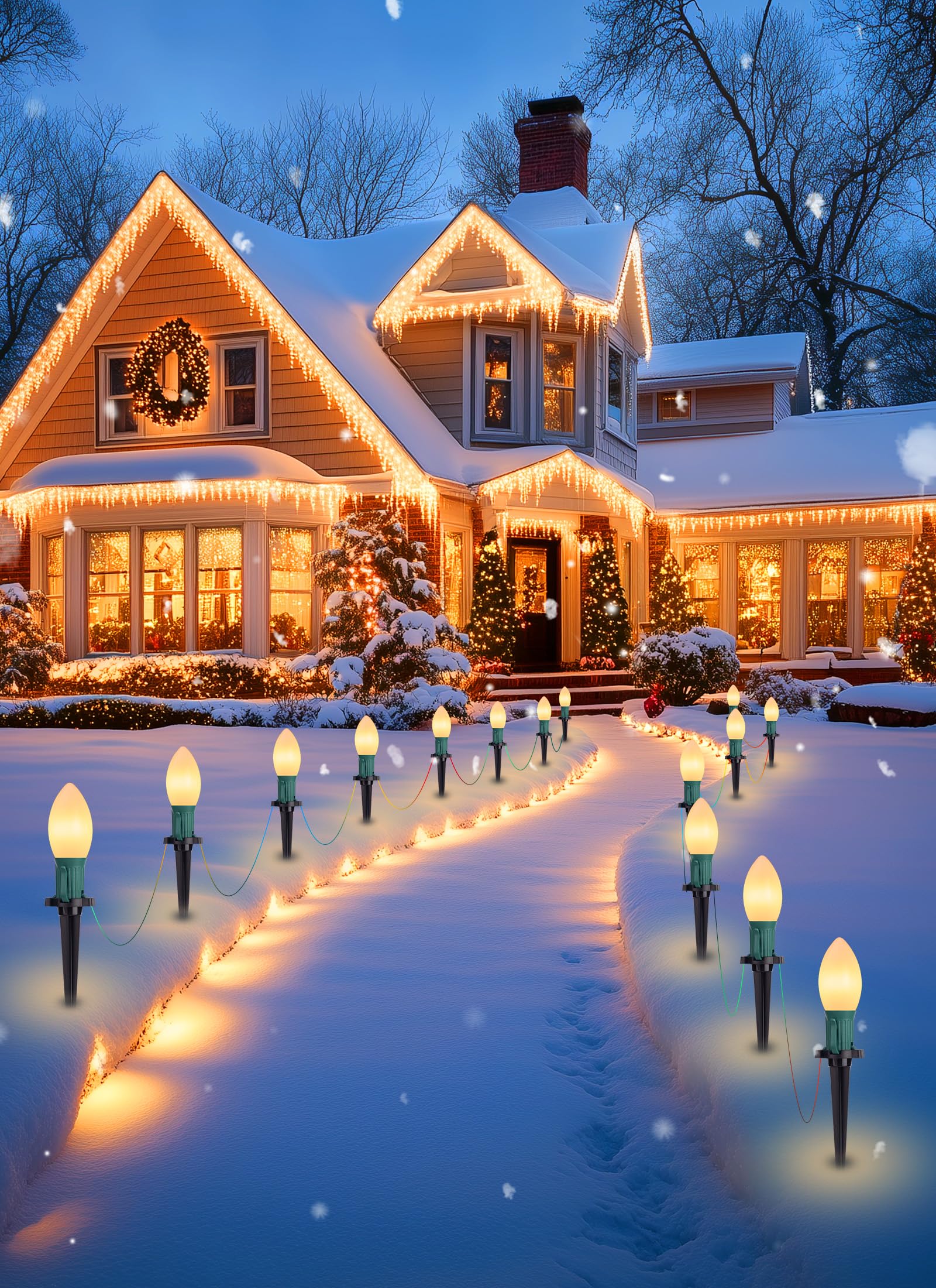 Brightown C9 LED Christmas Lights, 64ft, 50 Bulbs, Frosted Warm White, 2 Packs, Outdoor Pathway Decorations, Model GYPI-O20LAU