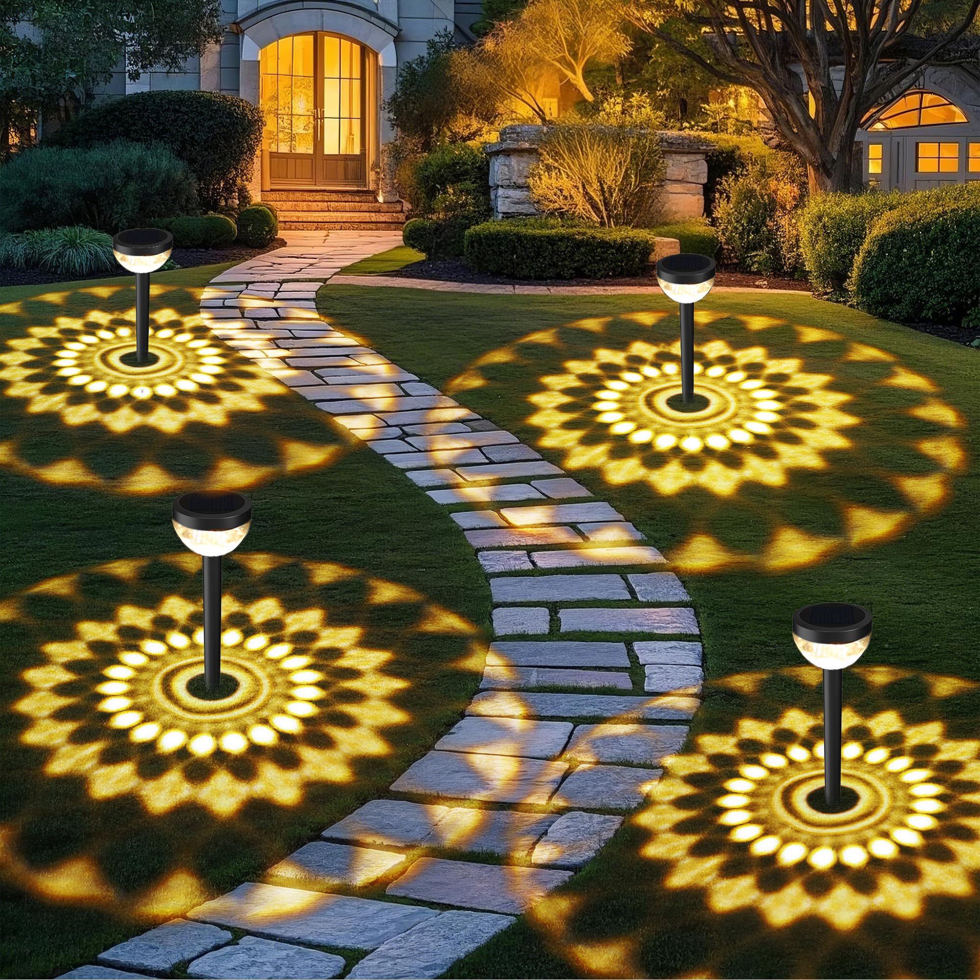 JEJOT 4 Pack Solar Flood Light  Security Lights Pathway Lights with 2CCT(Warm and Cool) Light Modes Bright Pattern Solar Decorative Lights Outdoor