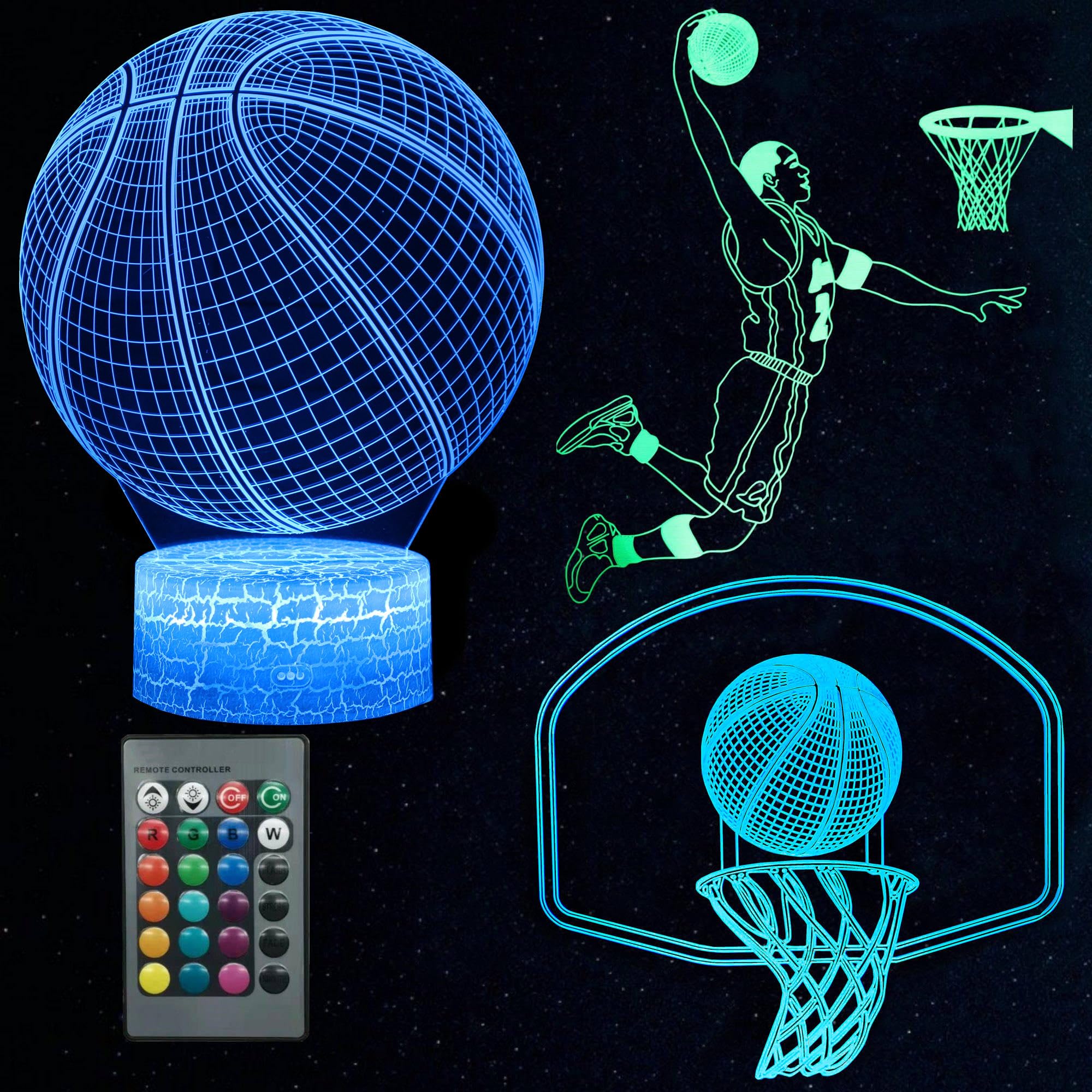 Kenmaca Basketball Night Light for Kids Bedroom, 3D Illusion Lamp, 3 Patterns 16 Colors Changing Dimmable Room Decor, Touch & Re