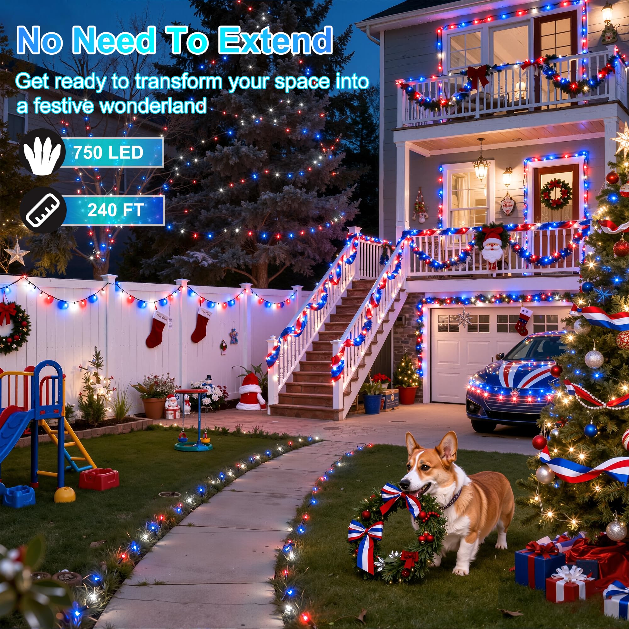 XIKENGSHQ 240FT 750LED Christmas Lights - Waterproof Red, Blue & White, 12 Modes, Timer, Dimmable, Green Wire for Indoor/Outdoor Decor