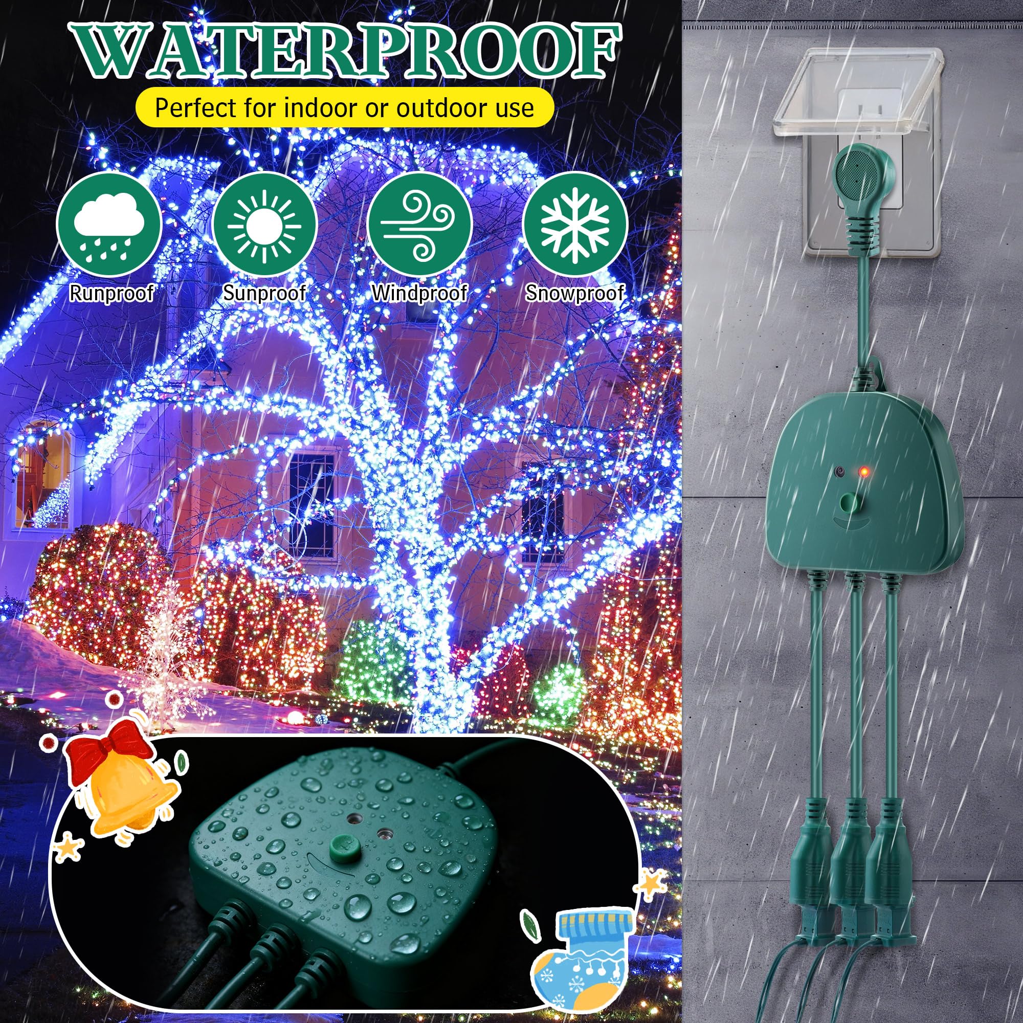 Gulfmew Christmas Light Controller with Remote, 14 Functions, Dusk to Dawn Sensor, Green, Model TD-Gulfmew-1056