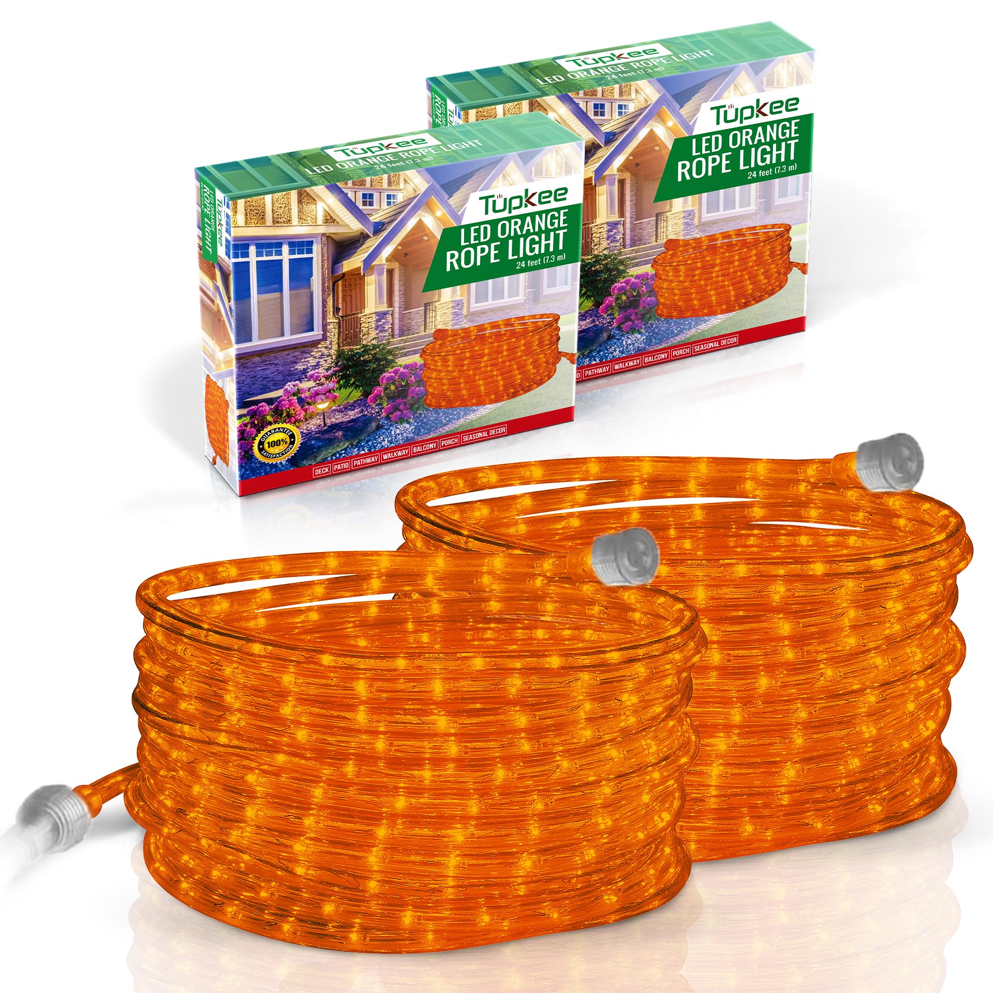 Tupkee LED Rope Light - 24 Feet, 10MM Diameter, 144 Long Life Bulbs, Orange, Indoor/Outdoor Use, Model E237798, Pack of 2